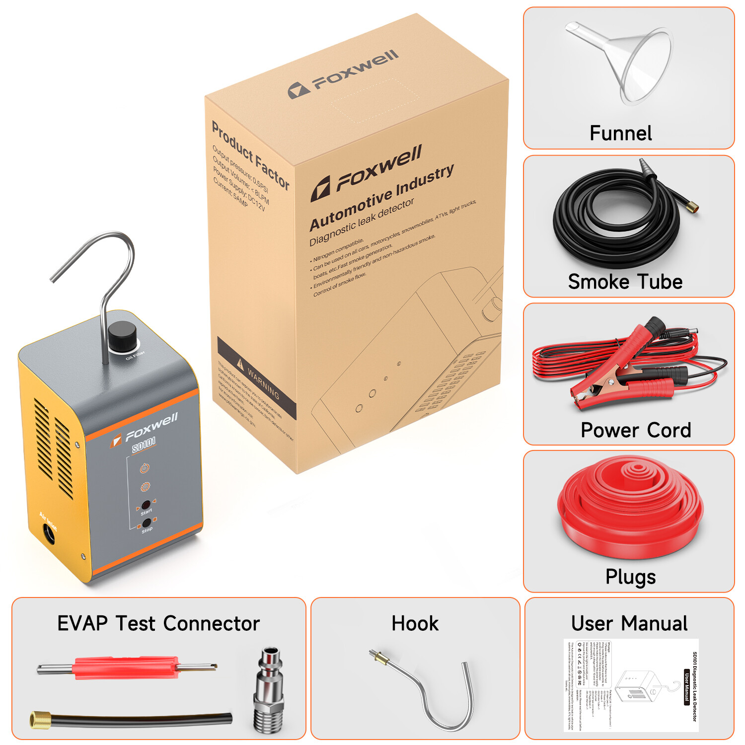 FOXWELL EVAP Smoke Machine Car Leak Detector Pipe Smog Tester Diagnostic Tool