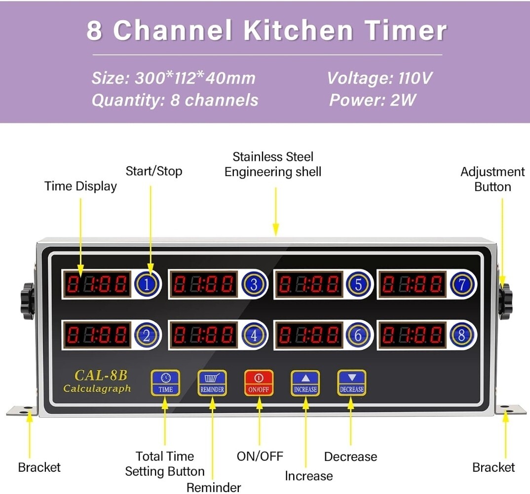 8 Channel Digital Shaking Timer Kitchen Stainless Steel Timers Reminder CAL-8B