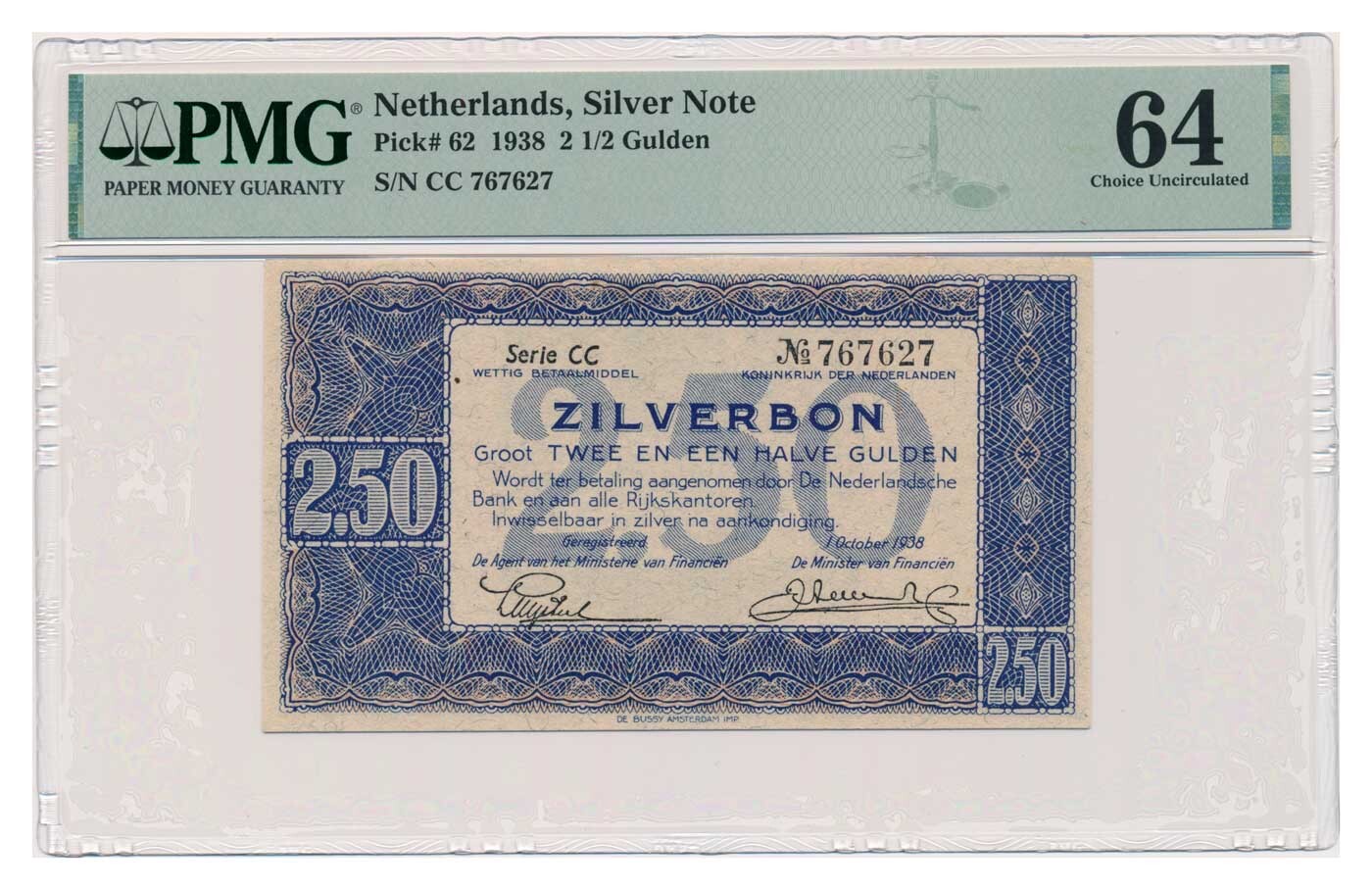NETHERLANDS banknote 2 1/2 Gulden 1938 PMG grade MS 64 Choice Uncirculated