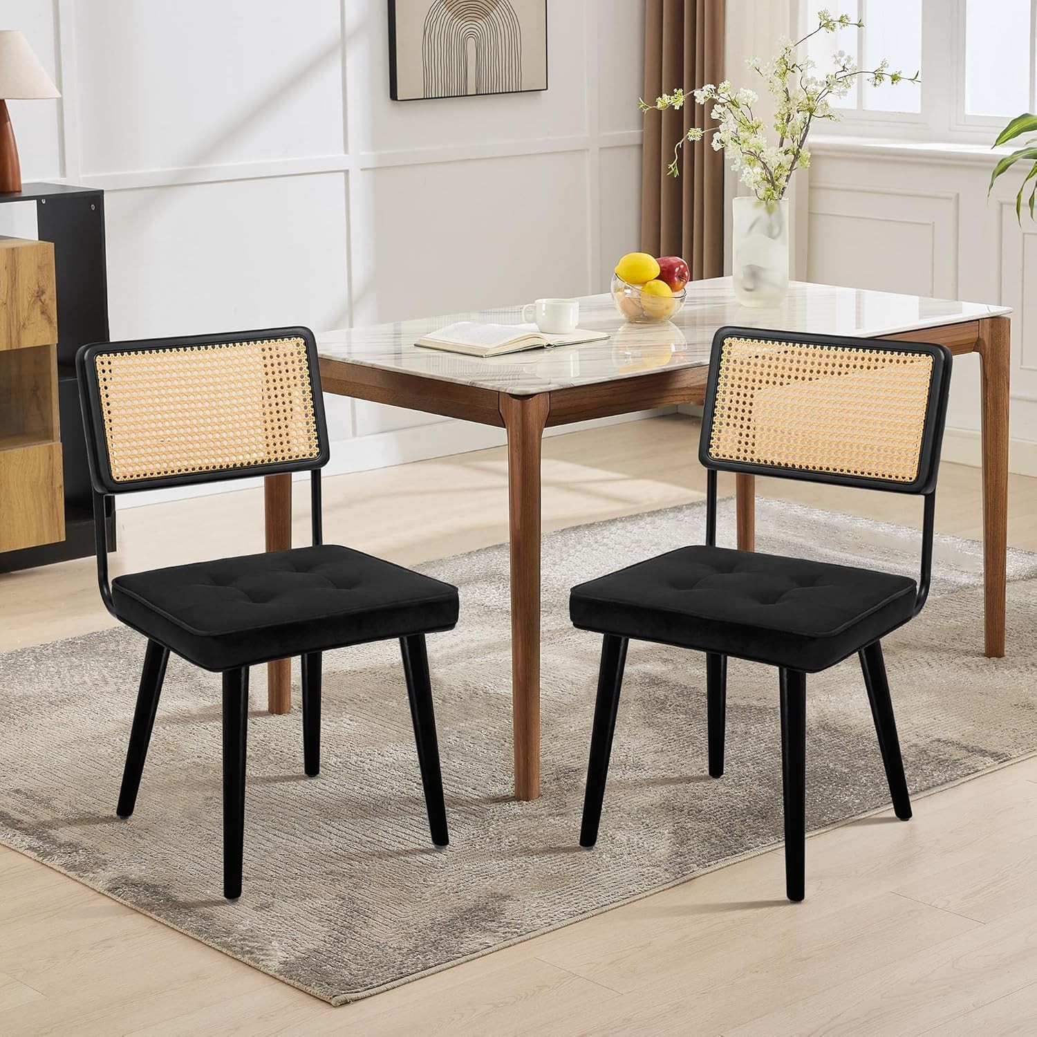 Dining Chair Set of 2 Rattan Wood Backrest Velvet Upholstered Mid-Century Modern