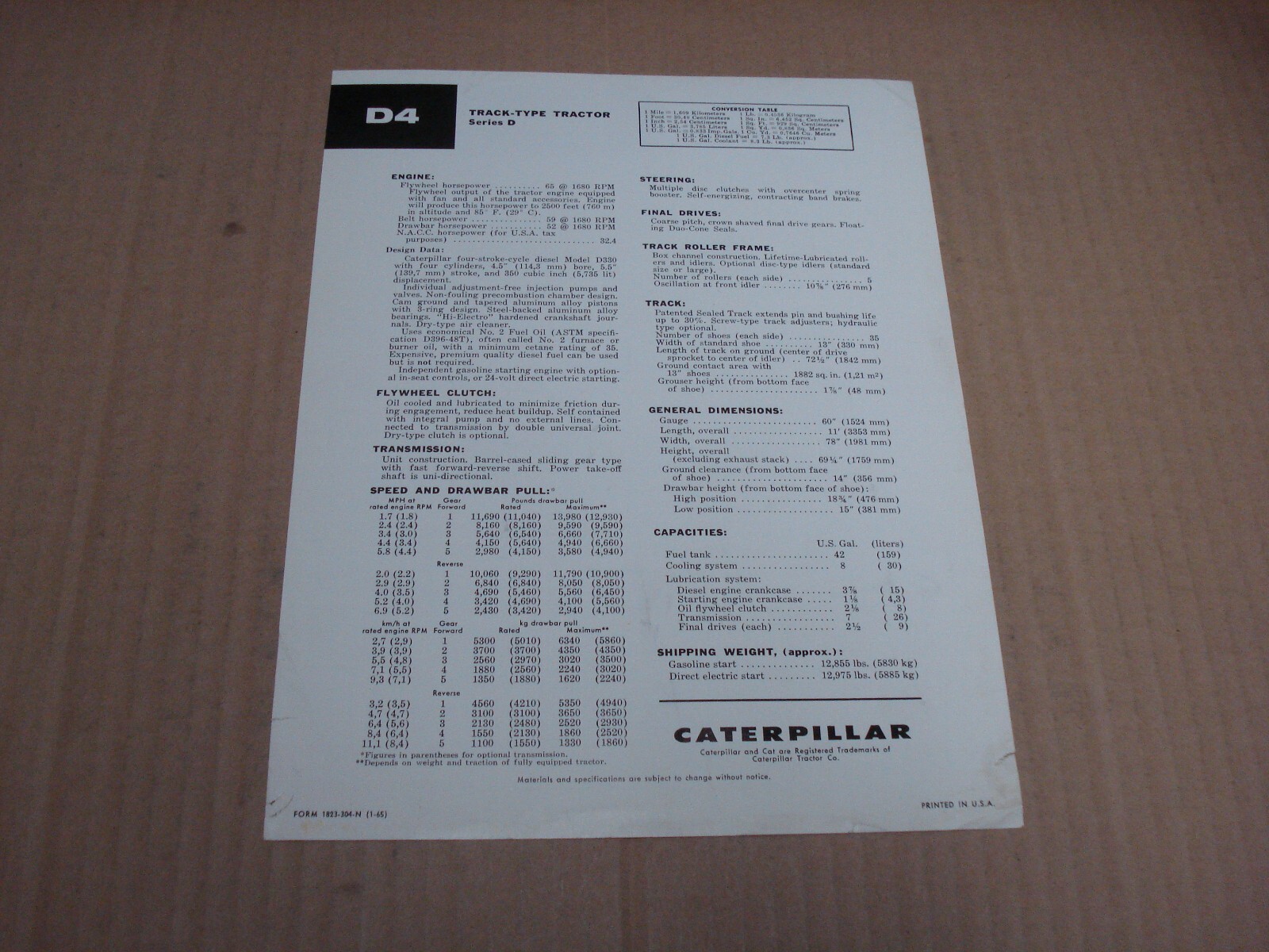 1965 Caterpillar D4 Track-Type Tractor Spec Sheet/Brochure