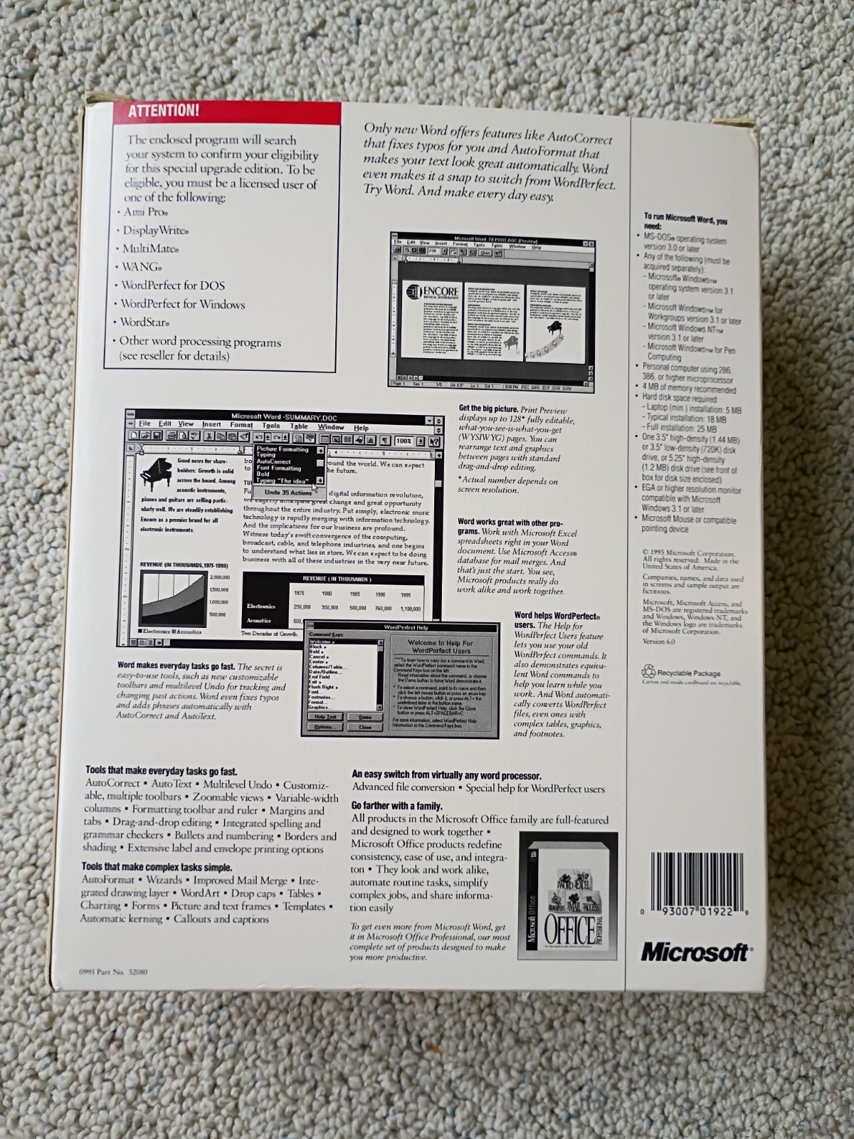 Microsoft Word Version 6.0 Special Upgrade Ed for Windows 3.5” High Density 1993
