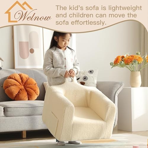 Kids Sofa with Pillow, Cozy Toddler Chair Soft Foam Seat for Sherpa Beige