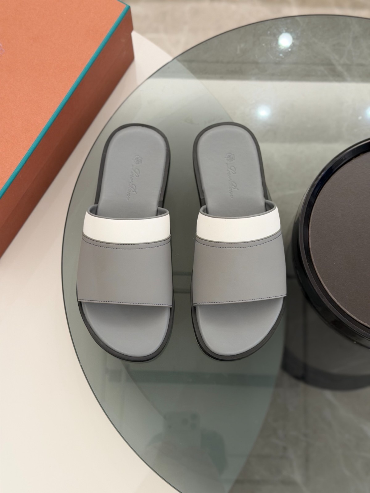 Loro Piana Men Grey White Leather Colorblock Slide Sandals Summer Shoes EU 39-44