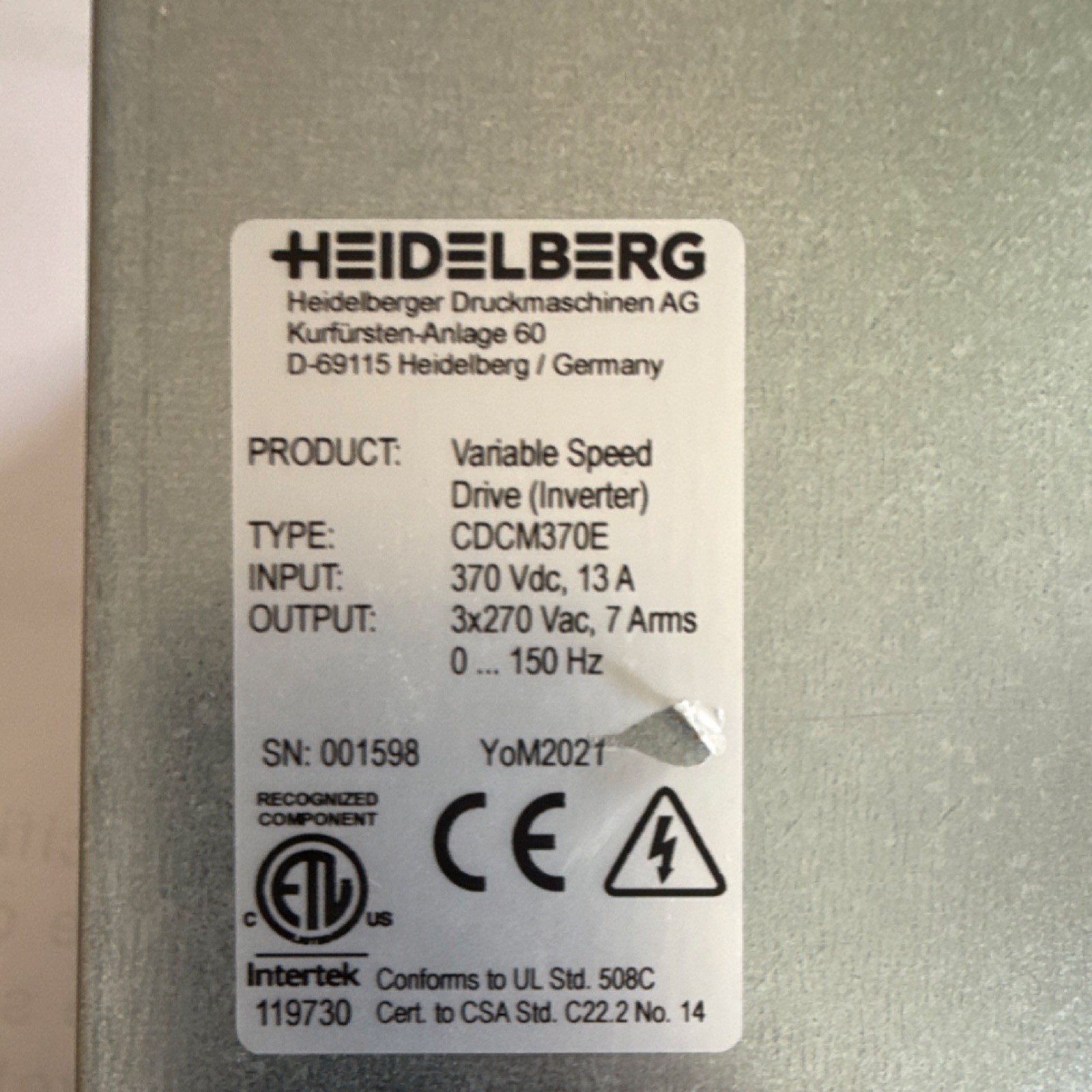 Heidelberg CDCM370E Variable Speed Servo Drive Inverter 1.89KW 3-Phase AC