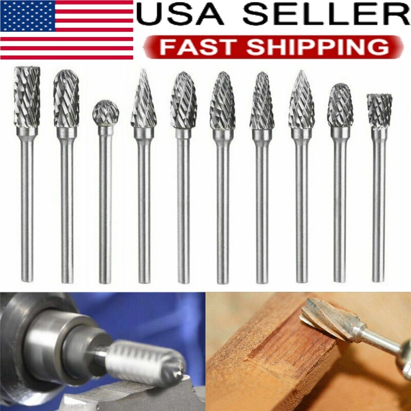 10pcs 1/8" Tungsten Carbide Burr Rotary Drill Bits Tools Metal Cutter Shank Set