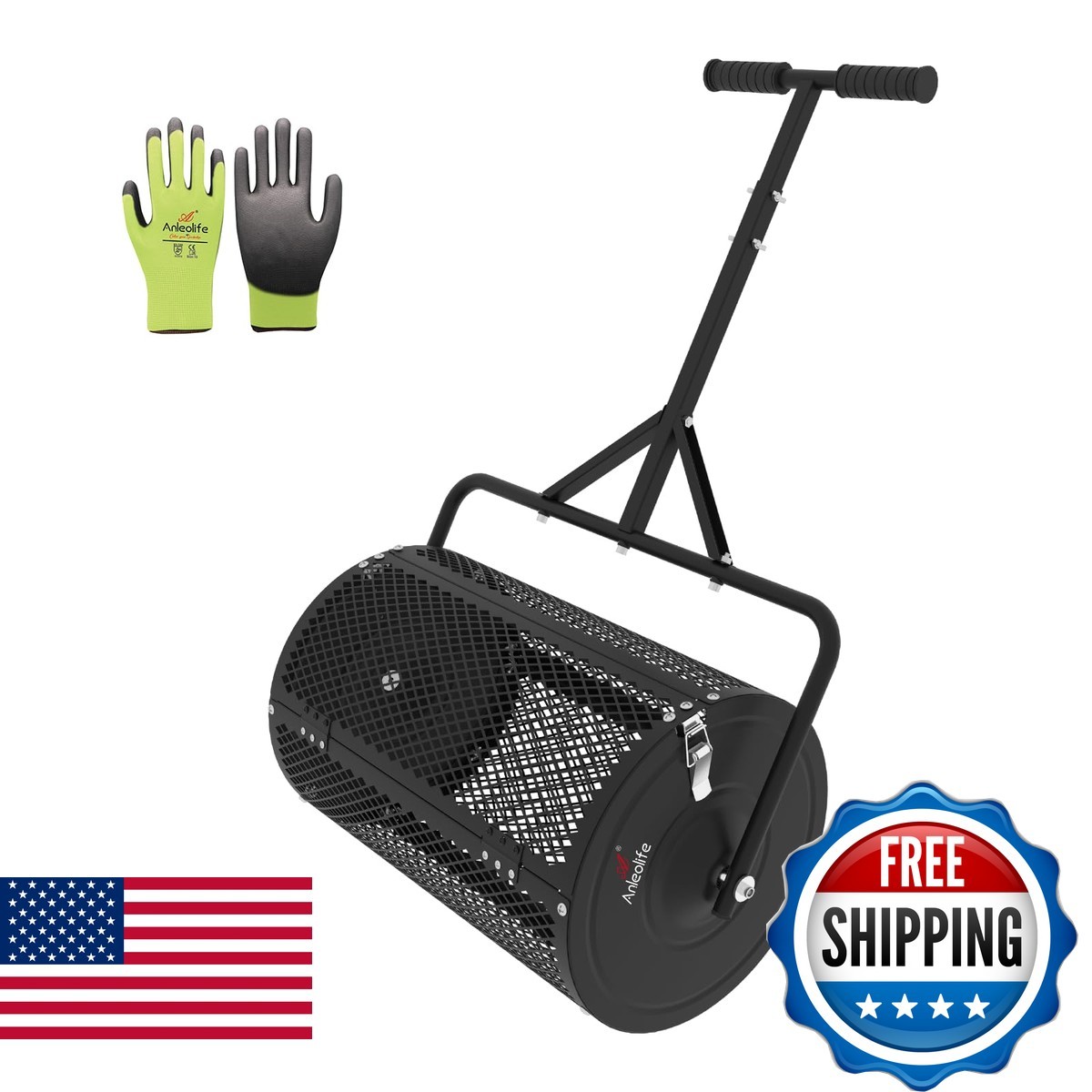ANLEOLIFE 24in Compost Spreader Black Metal Mesh Basket Height Adjust Handle