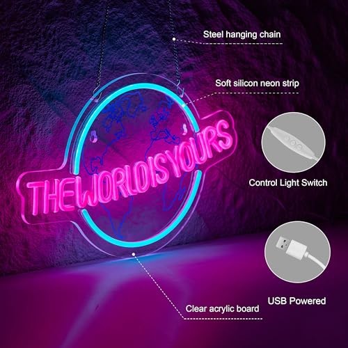 The World is Yours Neon Sign for Wall Decor LED Dimmable Light Switch Wall