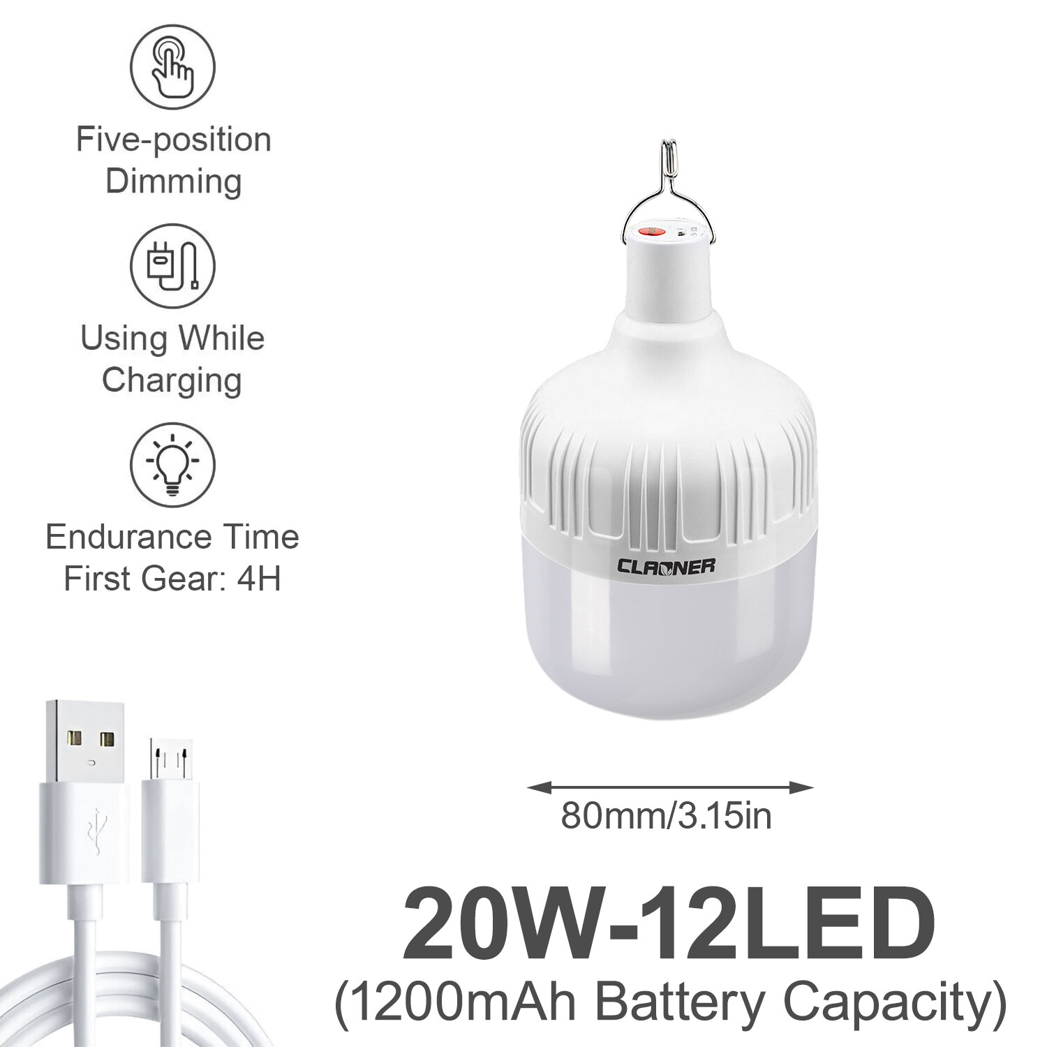 4PCS 20W USB Rechargeable LED Work Light Bulb with Hanging BBQ Camping Emergency