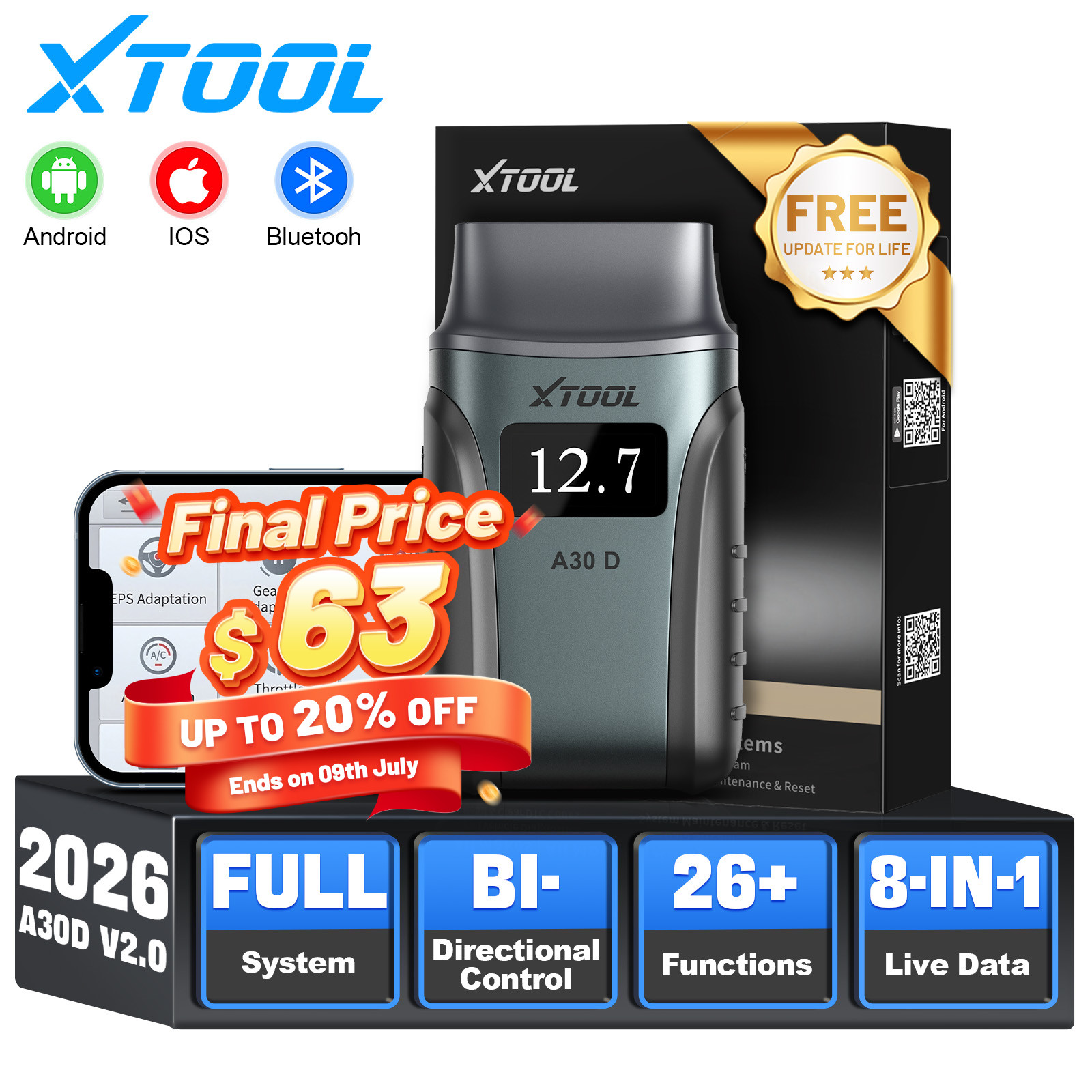 XTOOL A30D V.2.0 Bidirectional OBD2 Scanner All System Diagnostic Tool Bluetooth