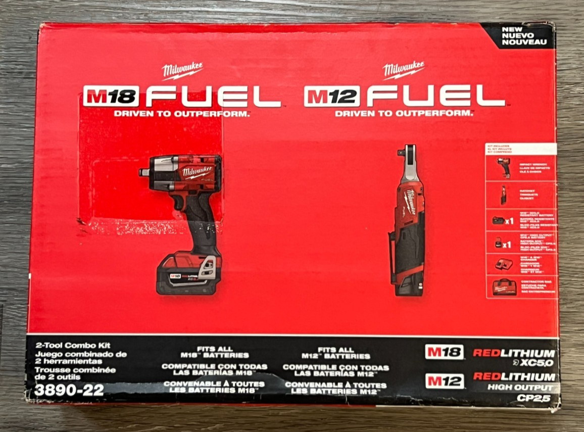 Milwaukee 3890-22 M18 FUEL 1/2" Impact Wrench & M12 3/8" Ratchet Tool Combo Kit