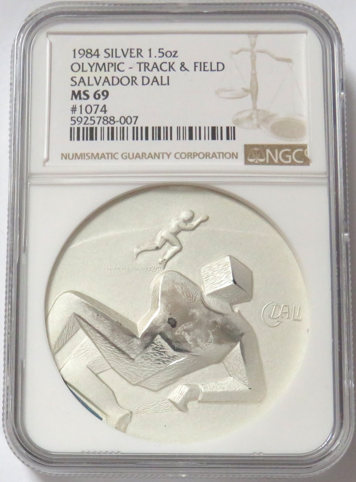 1984 SILVER 1.5oz USA OLYMPICS MEDAL #1074 SALVADOR DALI TRACK & FIELD NGC MS 69