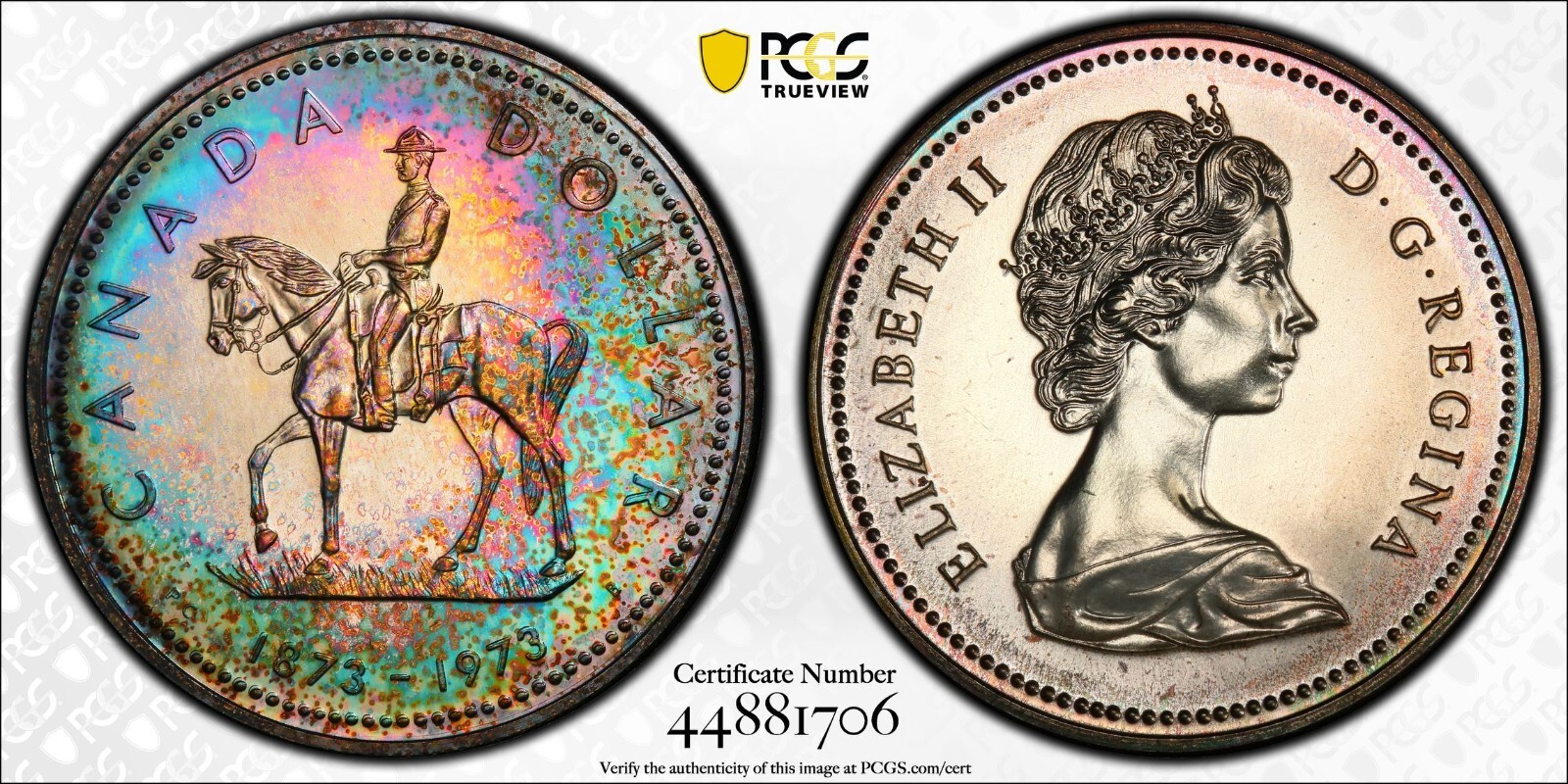 C284 Canada 1973 Silver Dollar R.C.M.P. Centennial KM-83 PCGS SP67 (Toned)