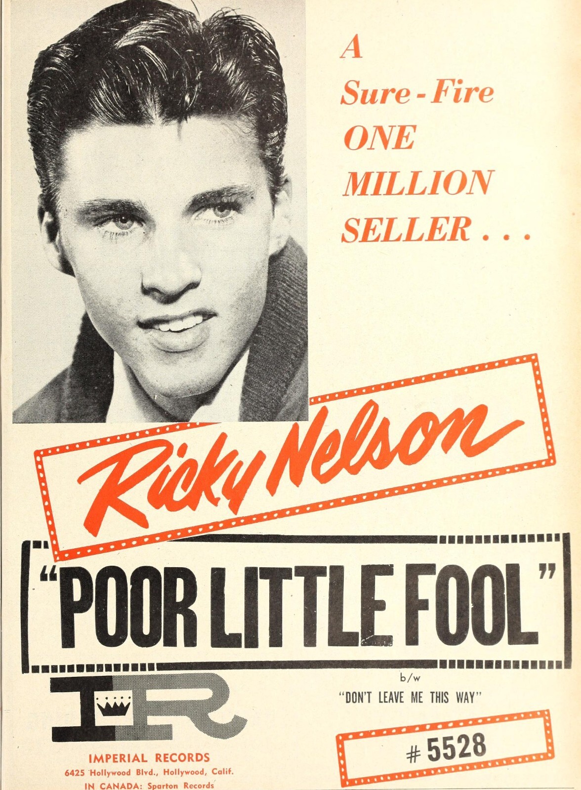 Ricky Nelson - Actor Singer Ad from 1958 - Ad Image 4 x 6 inch Reprint