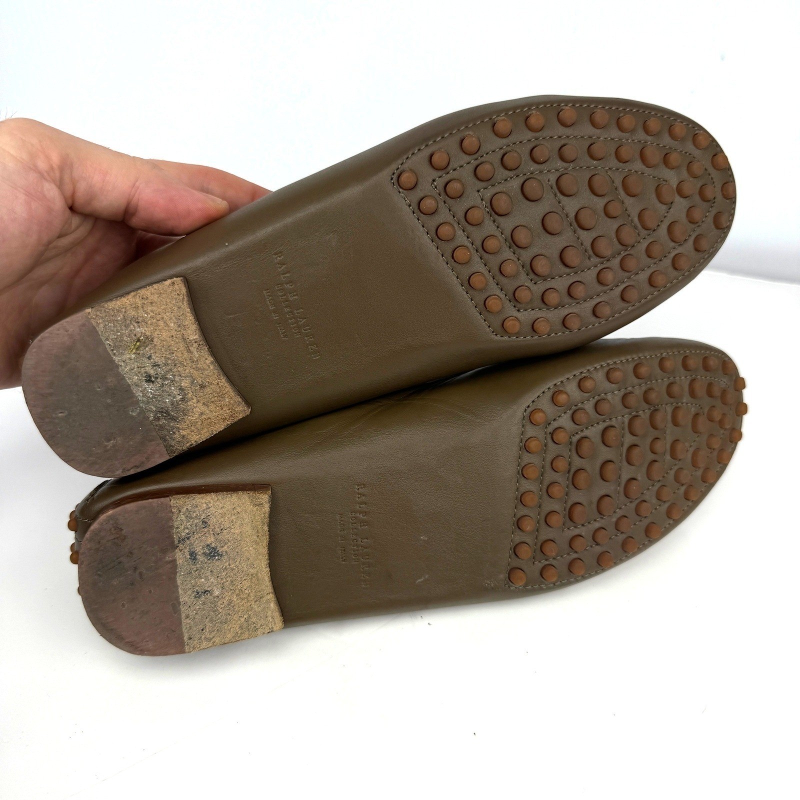 RALPH LAUREN Purple Label Brown Olive Green Leather Driving Loafers 39.5