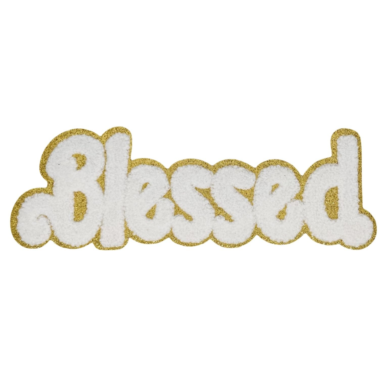 1 Pcs 10 Inch Blessed Chenille Iron on Patches with Glitter Edged, L, white