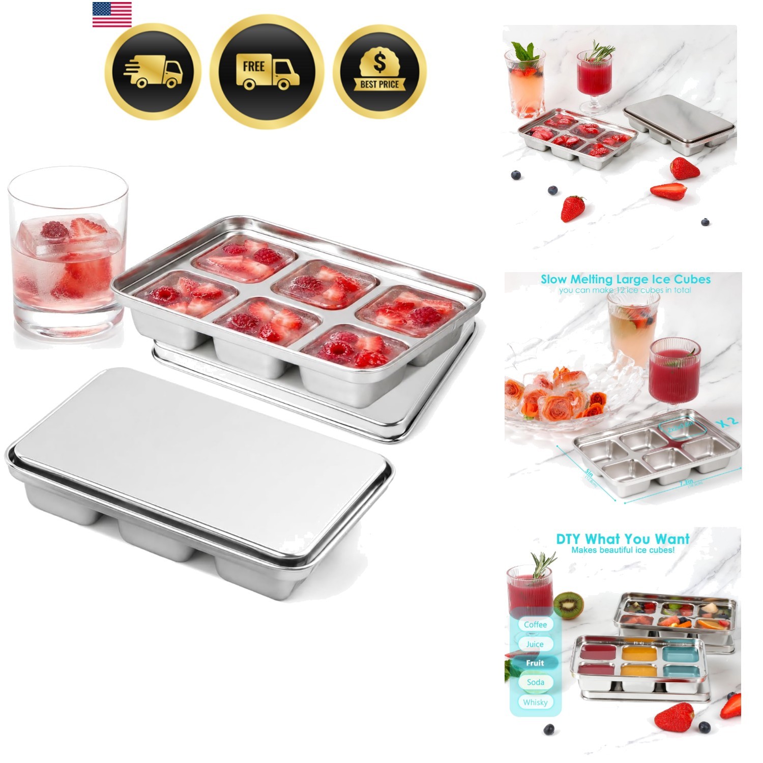 Ice Cube Tray with Lid, 2 Pack 12 Large Cubes, Stainless Steel Ice Cube Trays...