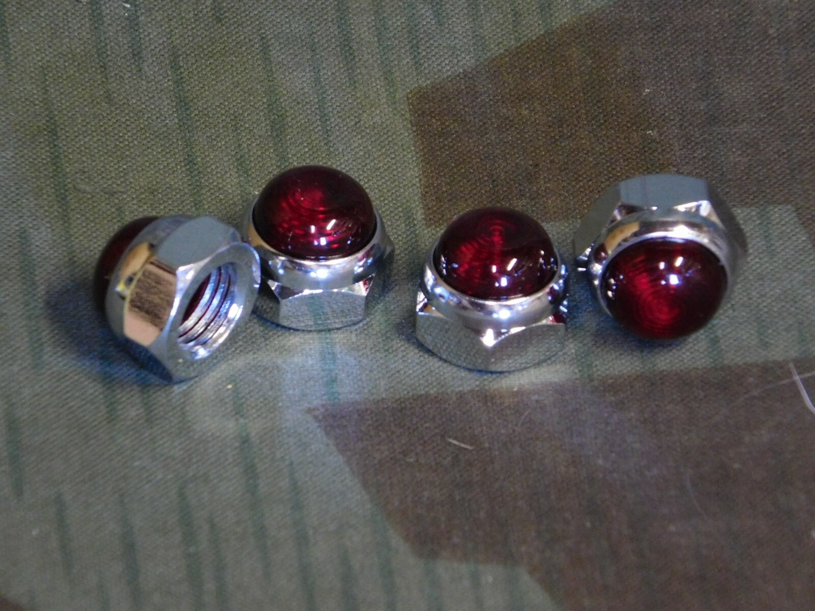Shovelhead, Sportster Rocker Arm Shaft Chrome Red Cap Nuts. Set of 4.
