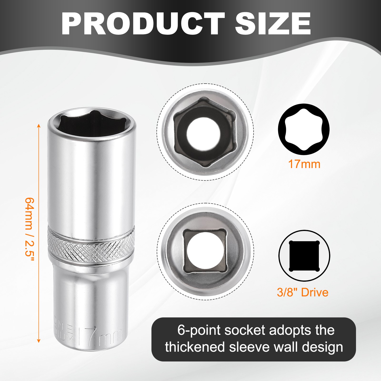 3pcs 6 Points Deep Socket 3/8" Drive 17mm Nickel Plating Impact Socket 2.5" Long