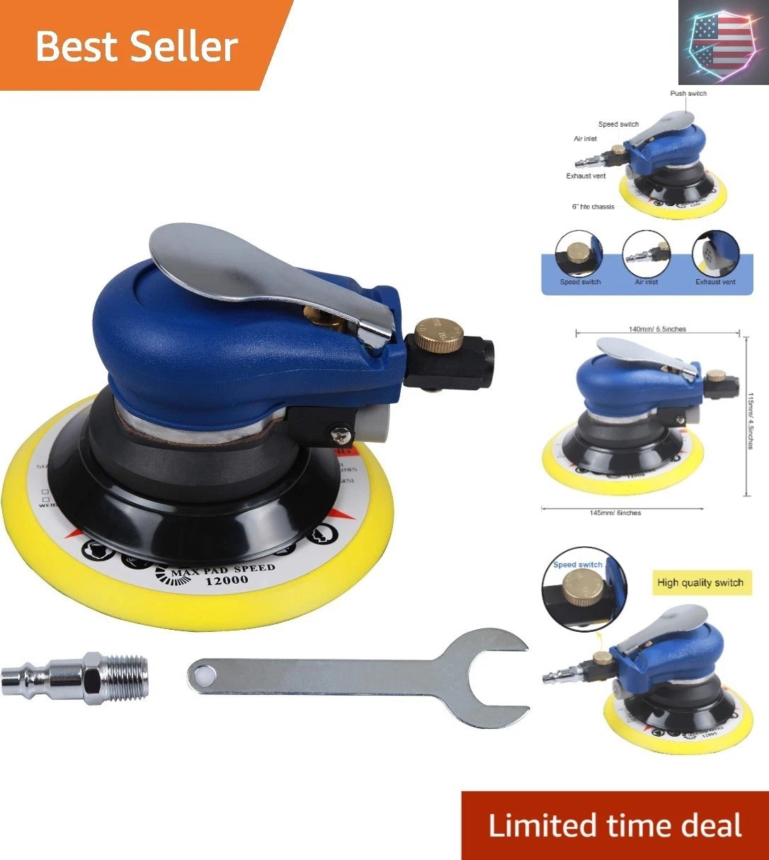6" Air Palm Random Orbital Sander, Dual Action Pneumatic Polisher Speed Adjus..,