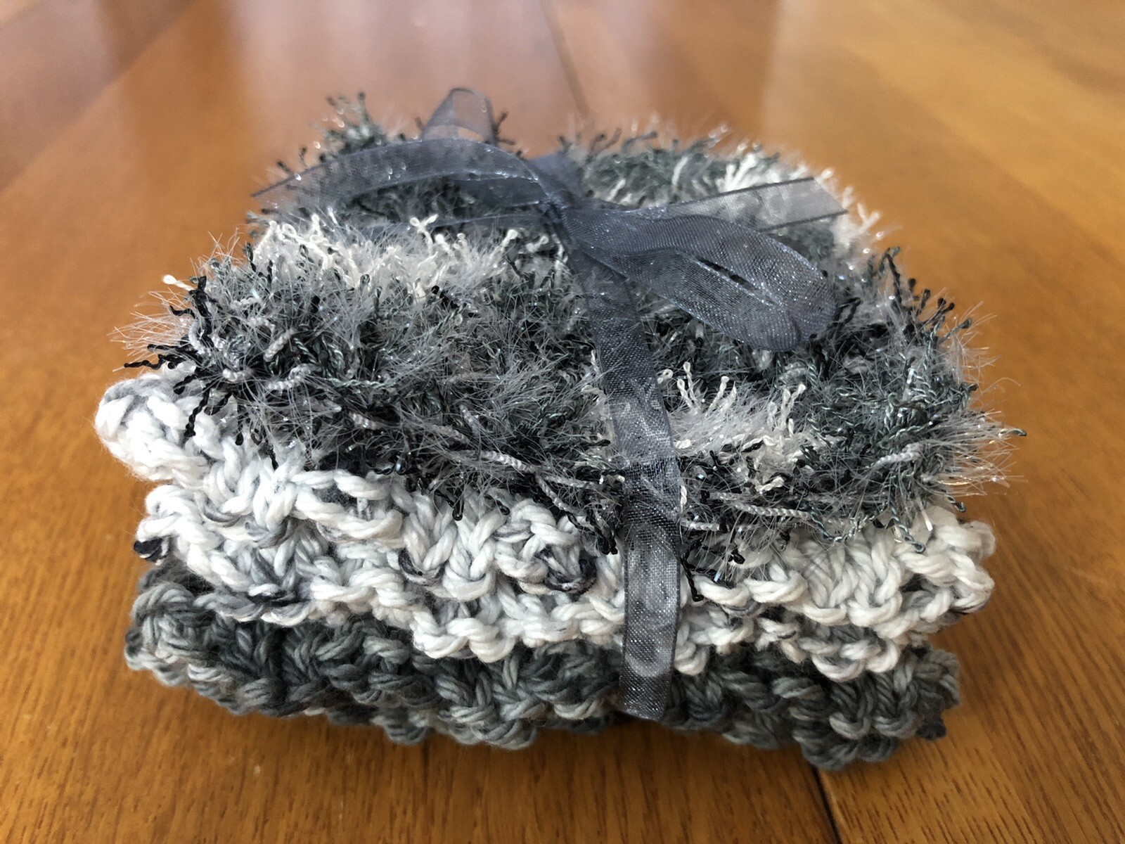 Fantastic Handmade Salt & Pepper Pewter 2 Dishcloths & Scrubby Set Gift Idea