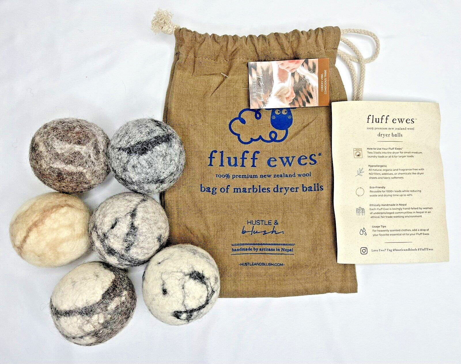 Fluff Ewes Reusable Wool Bag of Marbles Dryer Balls - New Zealand Handmade - NEW