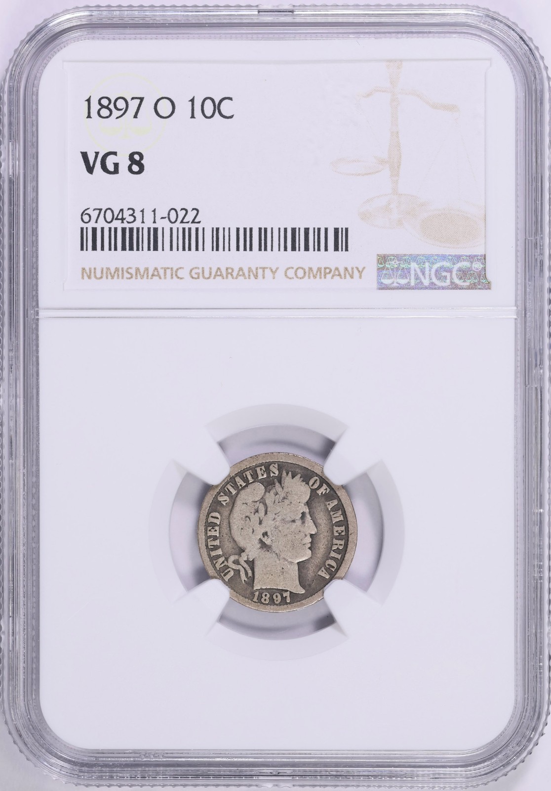 1897-O Barber Dime NGC VG8 Better Date New Orleans Low Mintage Low Population