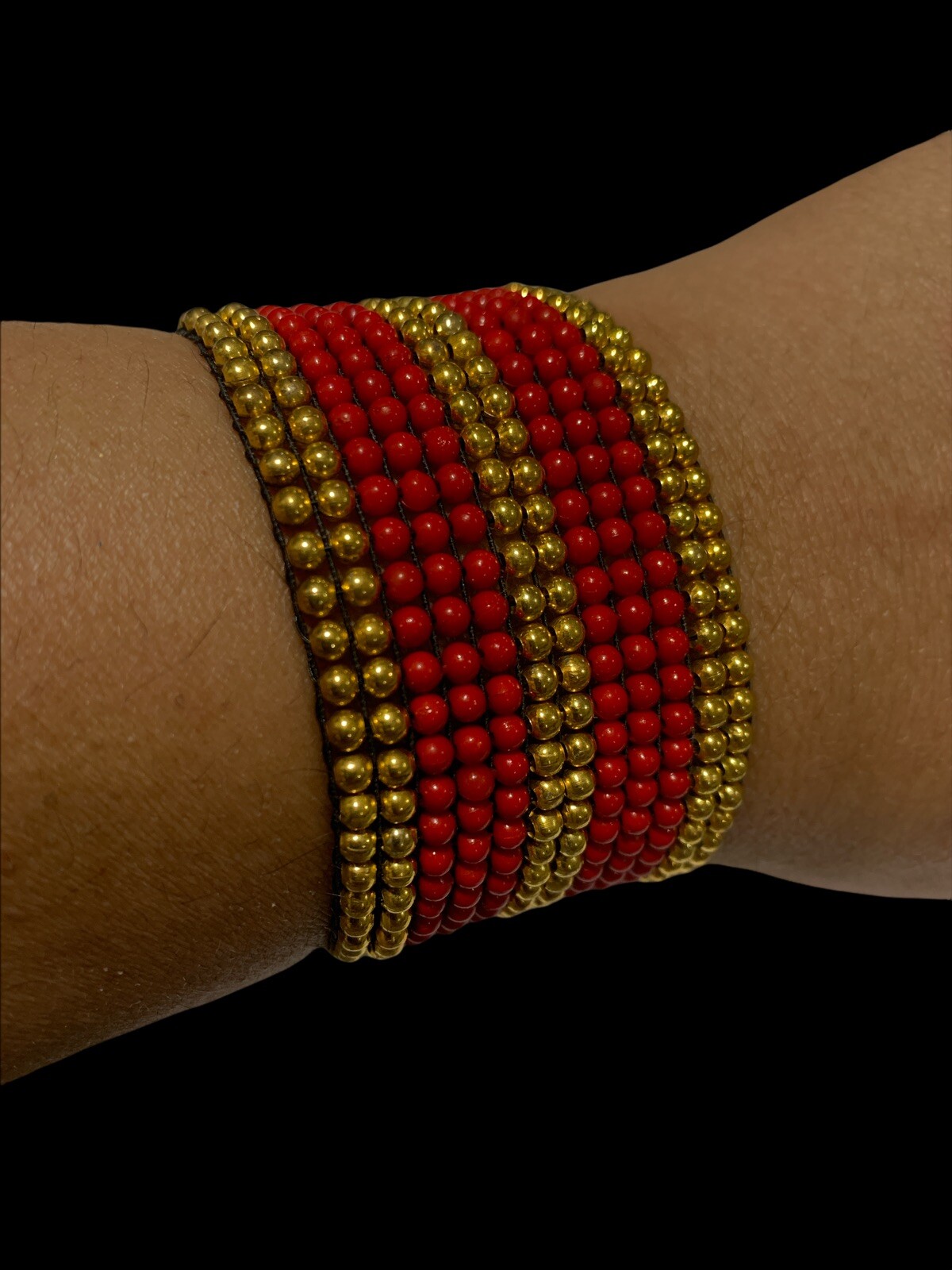 hand made beaded wide bracelet red & gold beads 7”-7.5”