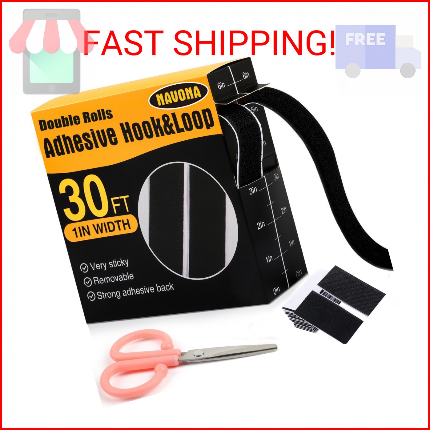 Navona 30Ft x 1 Inch Hook and Loop Strips with Adhesive, Heavy Duty Self Adhesiv