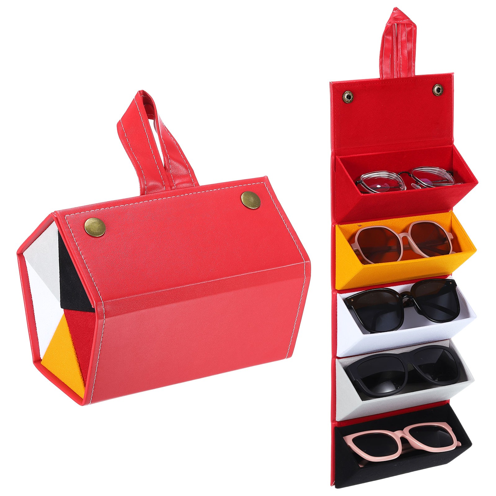 Travel Sunglasses Organizer, 5 Slot Foldable Sunglasses Holder, Red