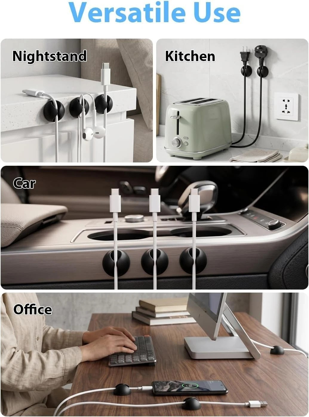 Compact Self-Adhesive Cable Clips | 6pc Rubber Cord Keeper for Clean Surfaces