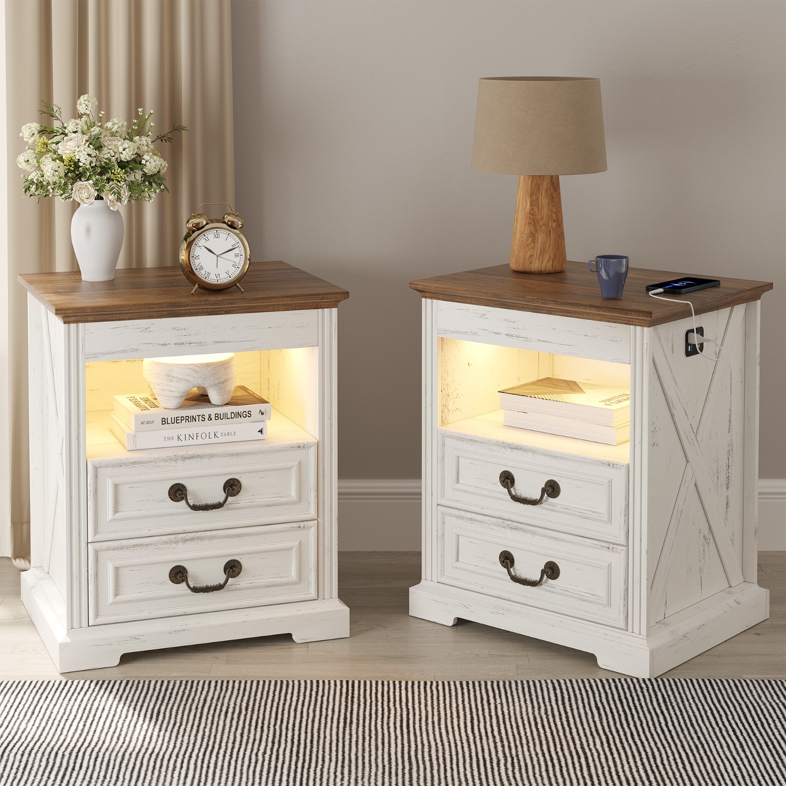 Gurexl Nightstand Set of 2 with Gun Drawers and Charging Station- Antique White