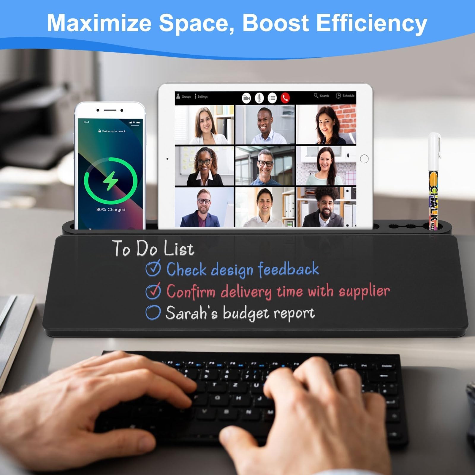Desktop Glass Whiteboard with Storage, Desk Board with Computer Keyboard Stan...
