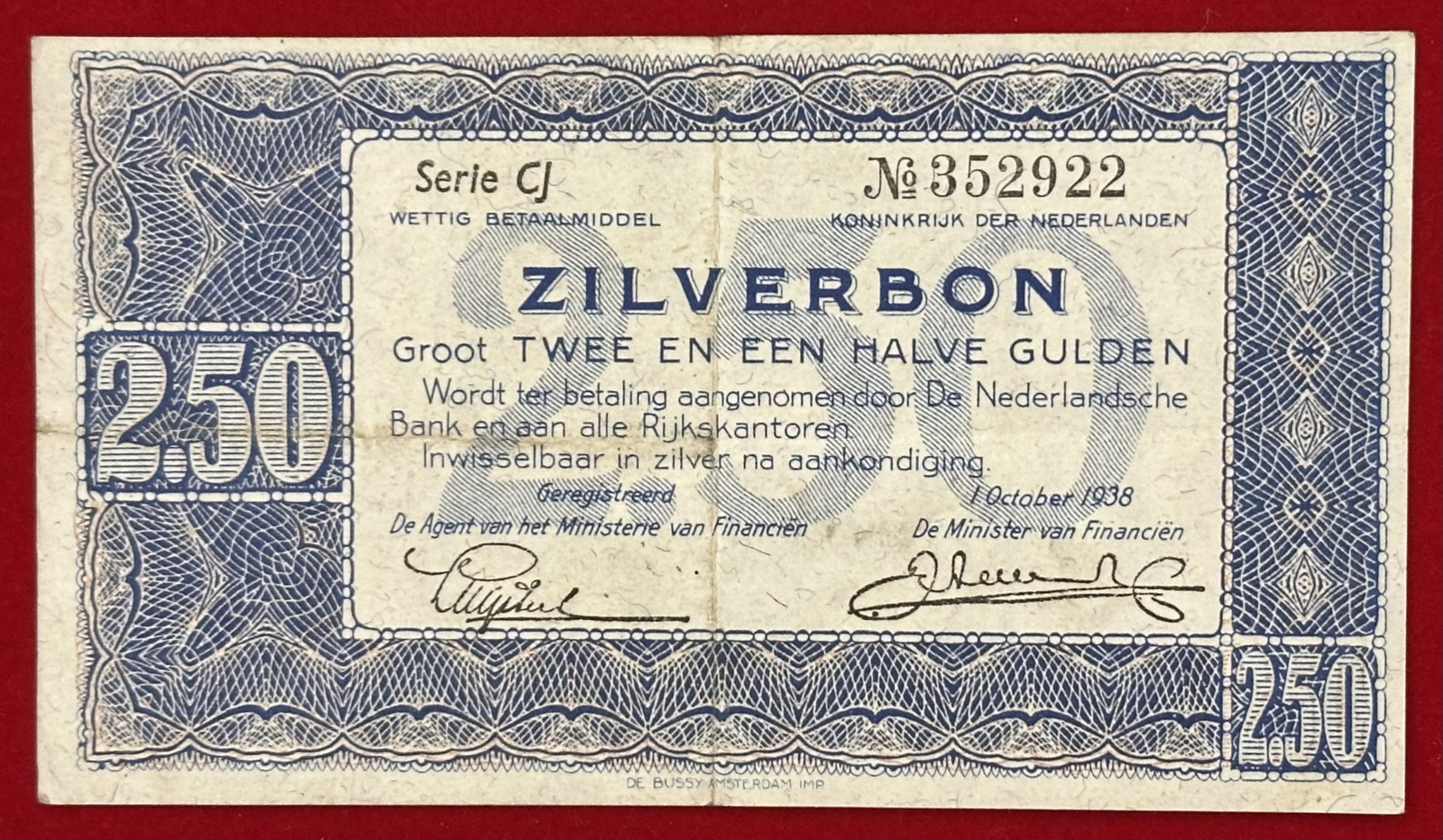 Netherlands 2.5 ( 2 1/2 ) Gulden 1938 P-62 - XF