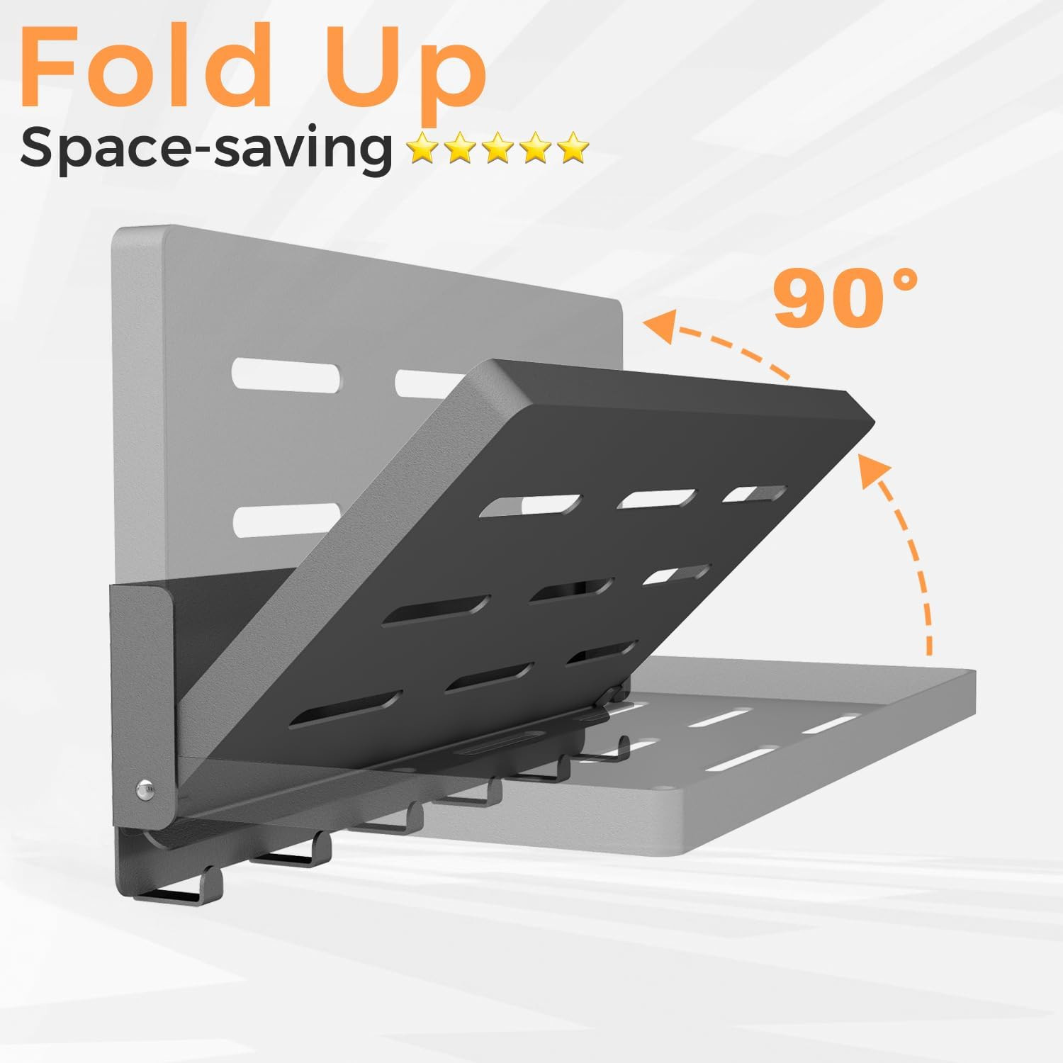 Small Folding Metal Shelf with Hooks, Fold-Up Wall Shelf, 6 Hooks, Drop down Flo