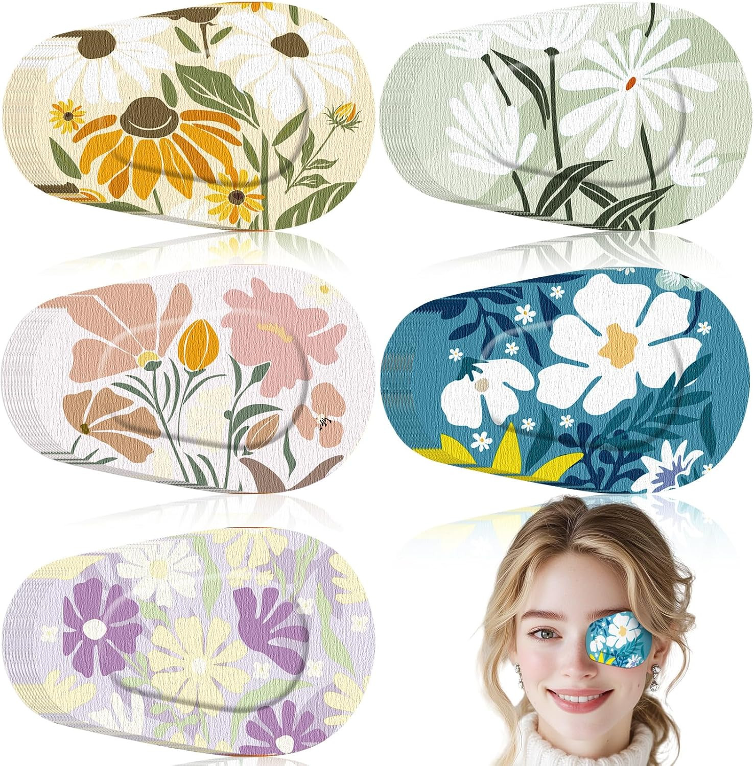 50 Disposable Adhesive Eye Patches, 5 Boho Floral Styles, Gentle Removal, Adults