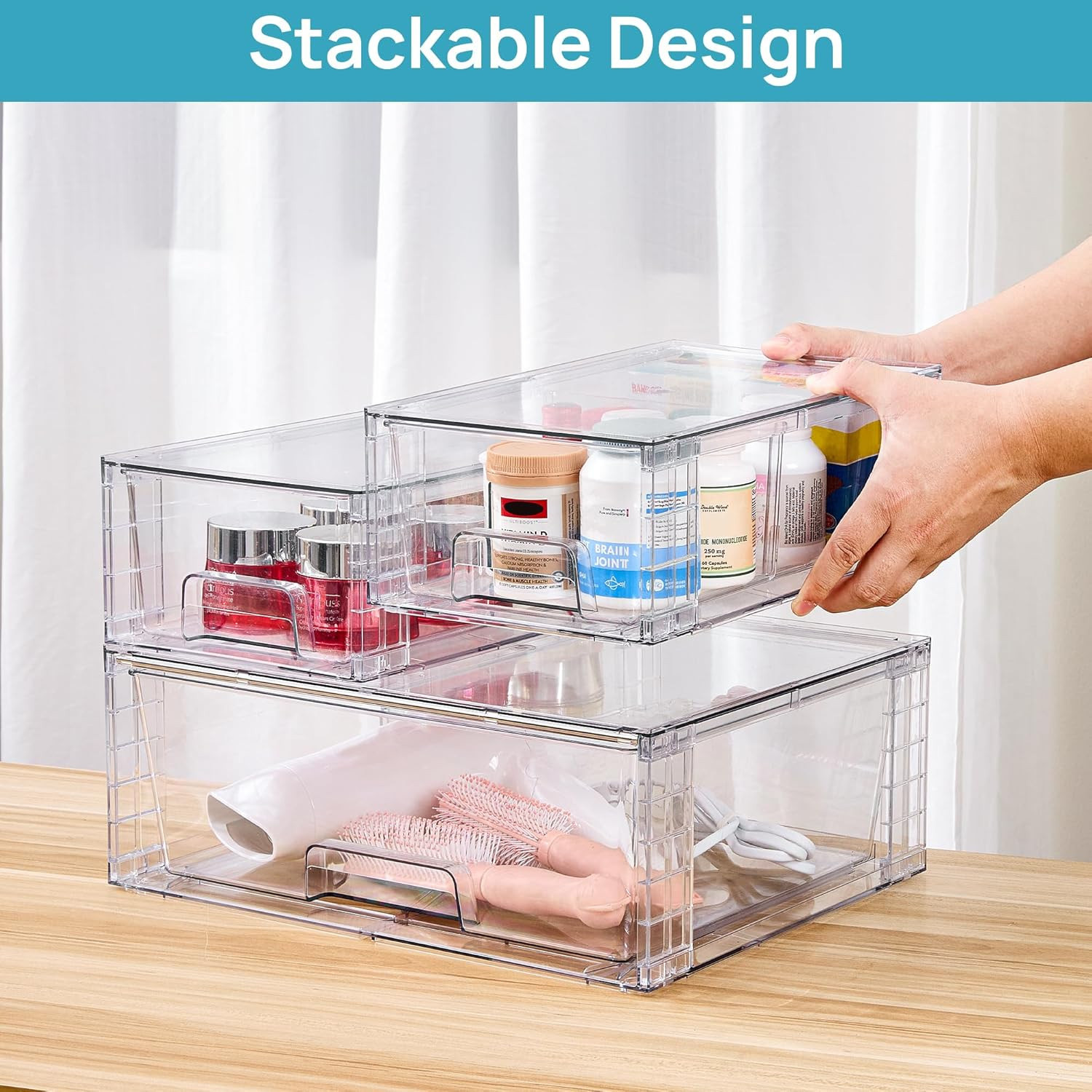 3 Pack Stackable Storage Drawers, Easily Assemble Acrylic Bathroom Undersink ...