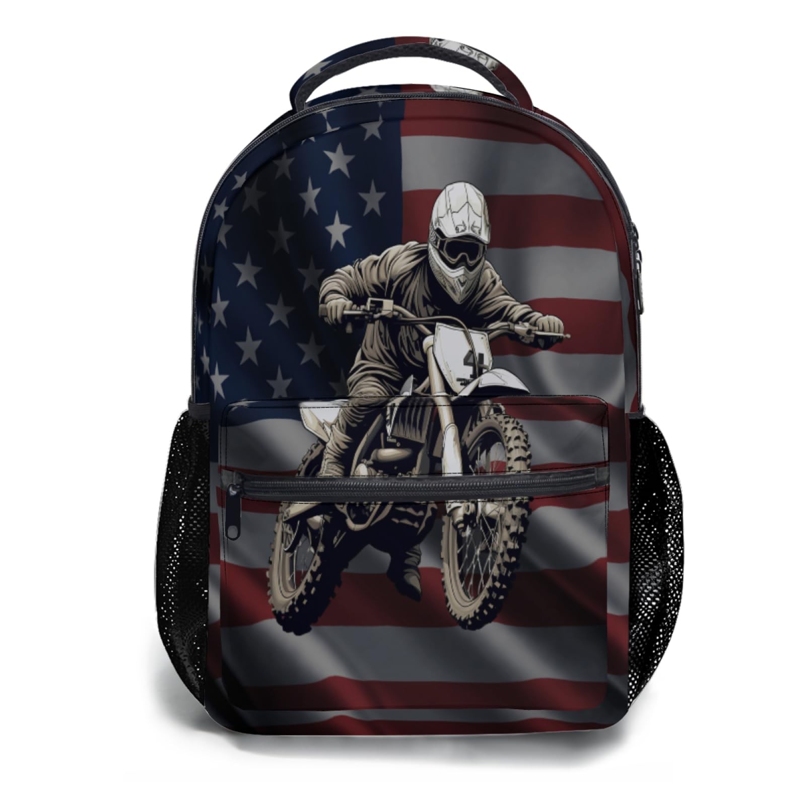 Motocross Dirt Bike American Flag School Backpack, Kids Backpack for Boys Gir...