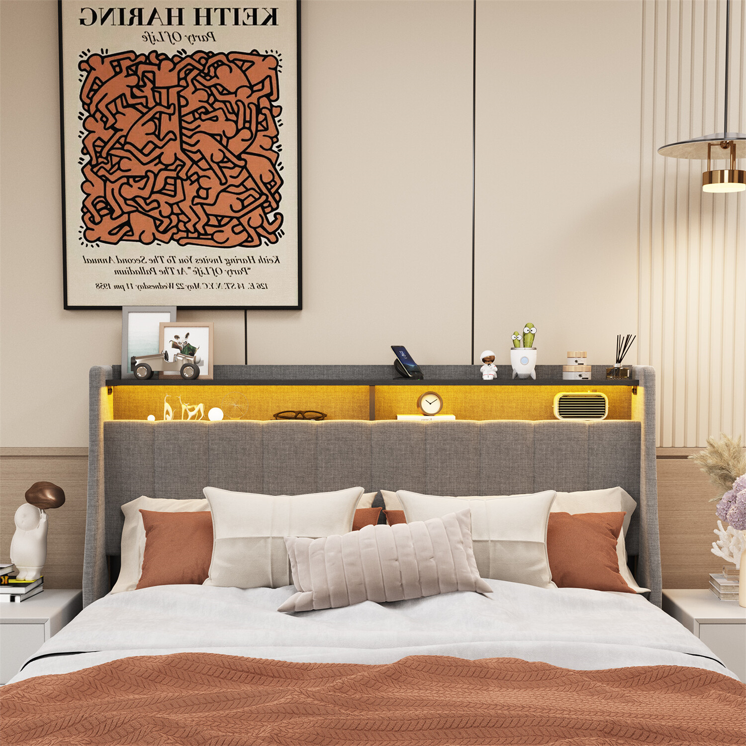 Queen Size Bed Frame Upholstered Platform Bed w/ LED Lights Headboard & 4 Drawer