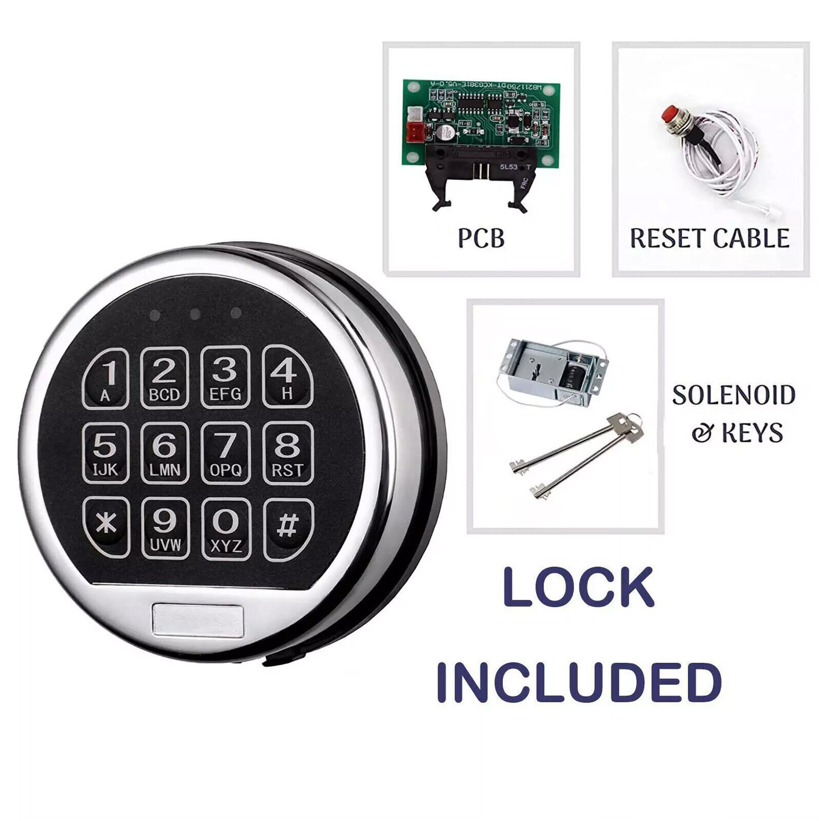 Gun Safe Lock Replacement Solenoid Lock with 2 Master Keys Chrome Digital Key