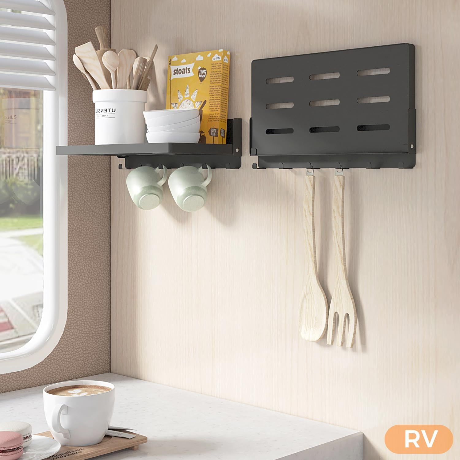 Small Folding Metal Shelf with Hooks, Fold-Up Wall Shelf, 6 Hooks, Drop down Flo