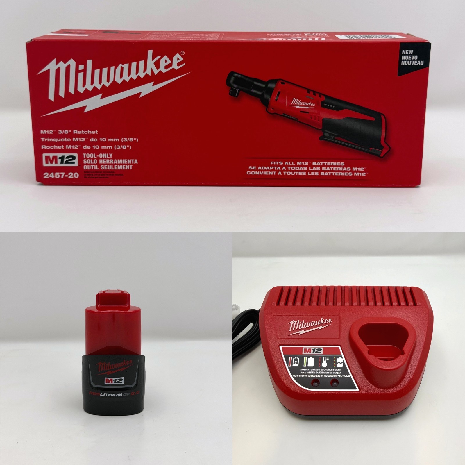 Milwaukee M12 2457-20 3/8" Ratchet Starter Kit w/ CP2.0 Battery Charger NEW
