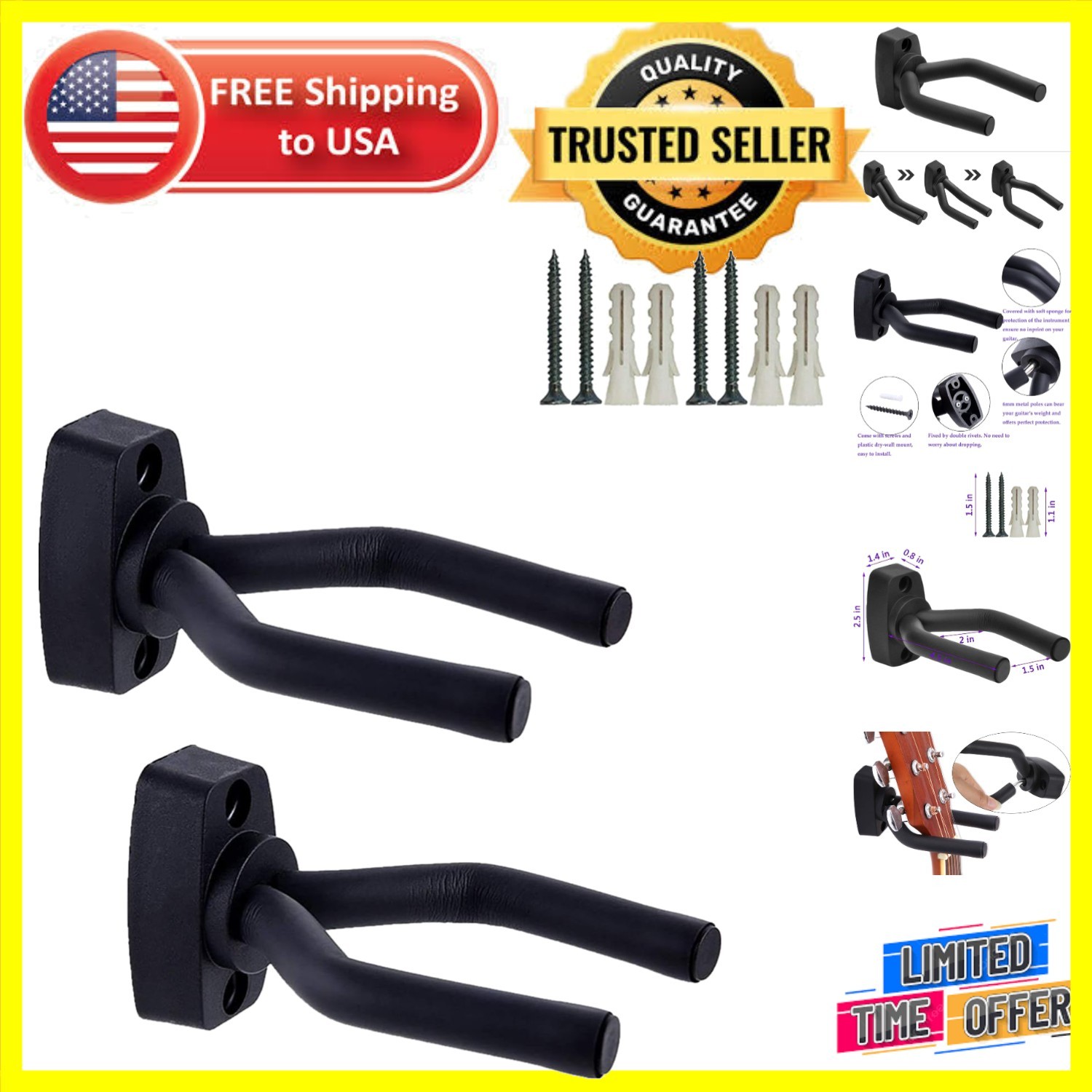 Guitar Wall Mount Hanger Set with Secure 60 lb Capacity, 2 Pack