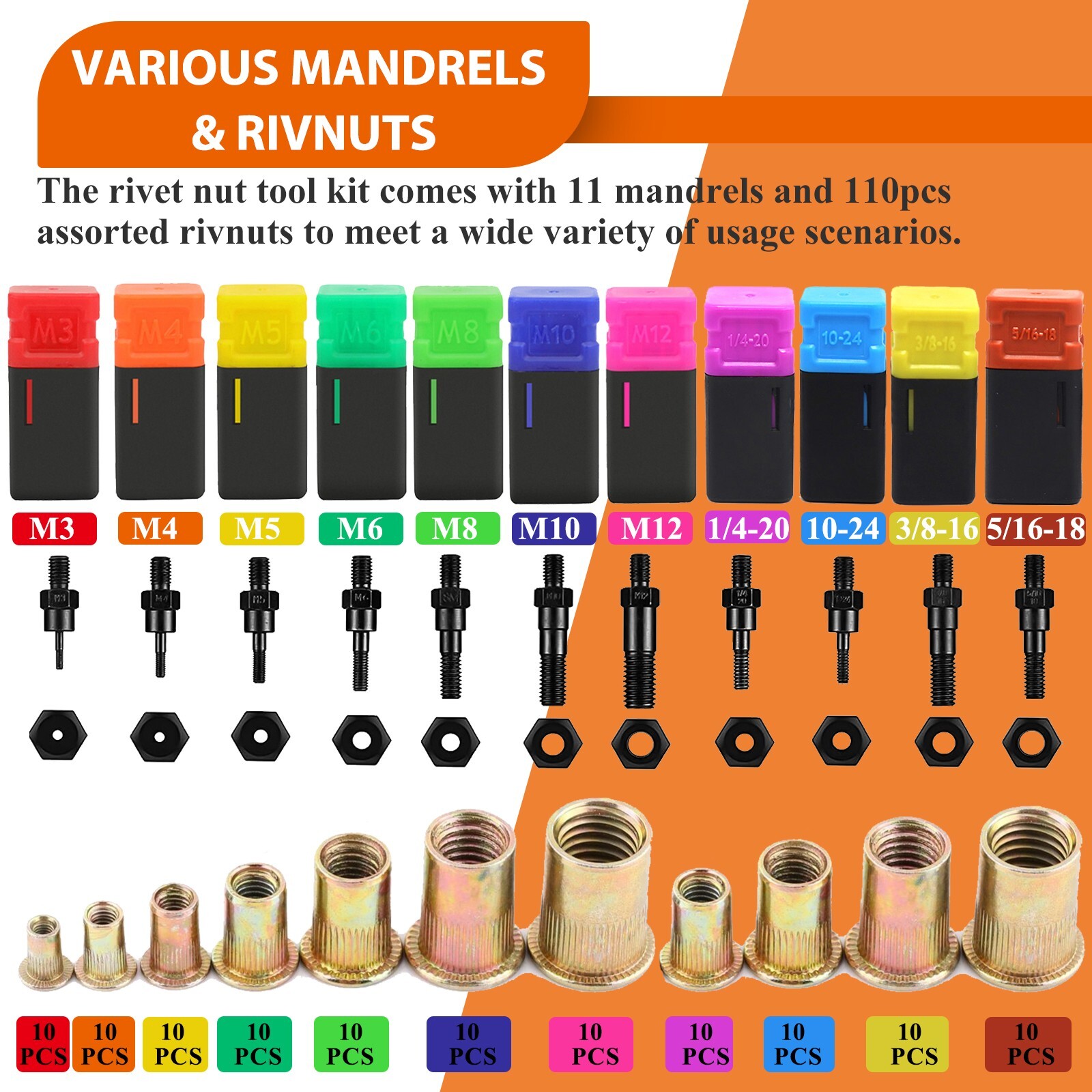 iMeshbean 16" Rivet Nut Tool Kit w/ 630PCs Rivet Nuts 11PC Metric & SAE Mandrel