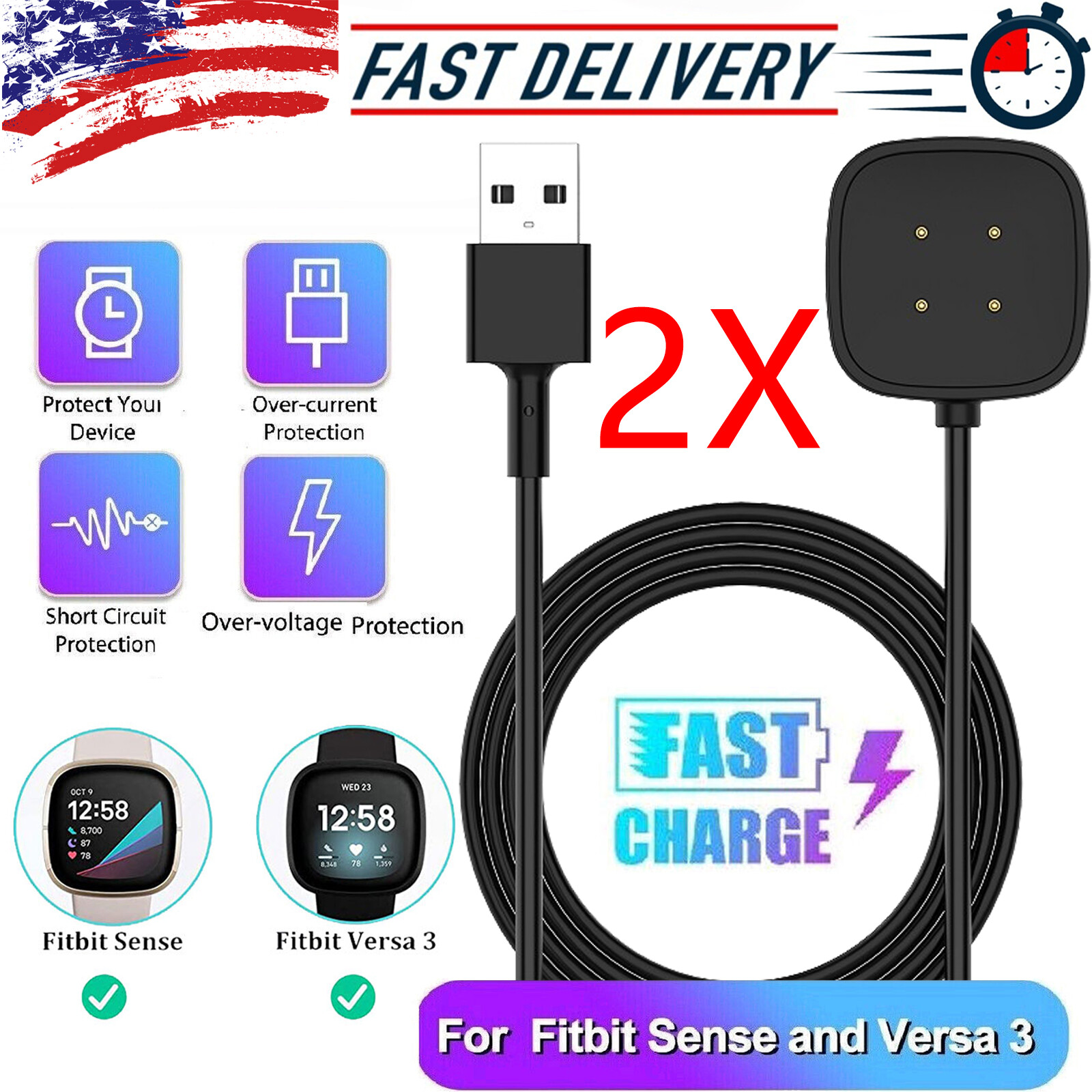 2PCS Wireless Charger For Fitbit Sense Versa3 Watch USB Fast Charging Dock Cable