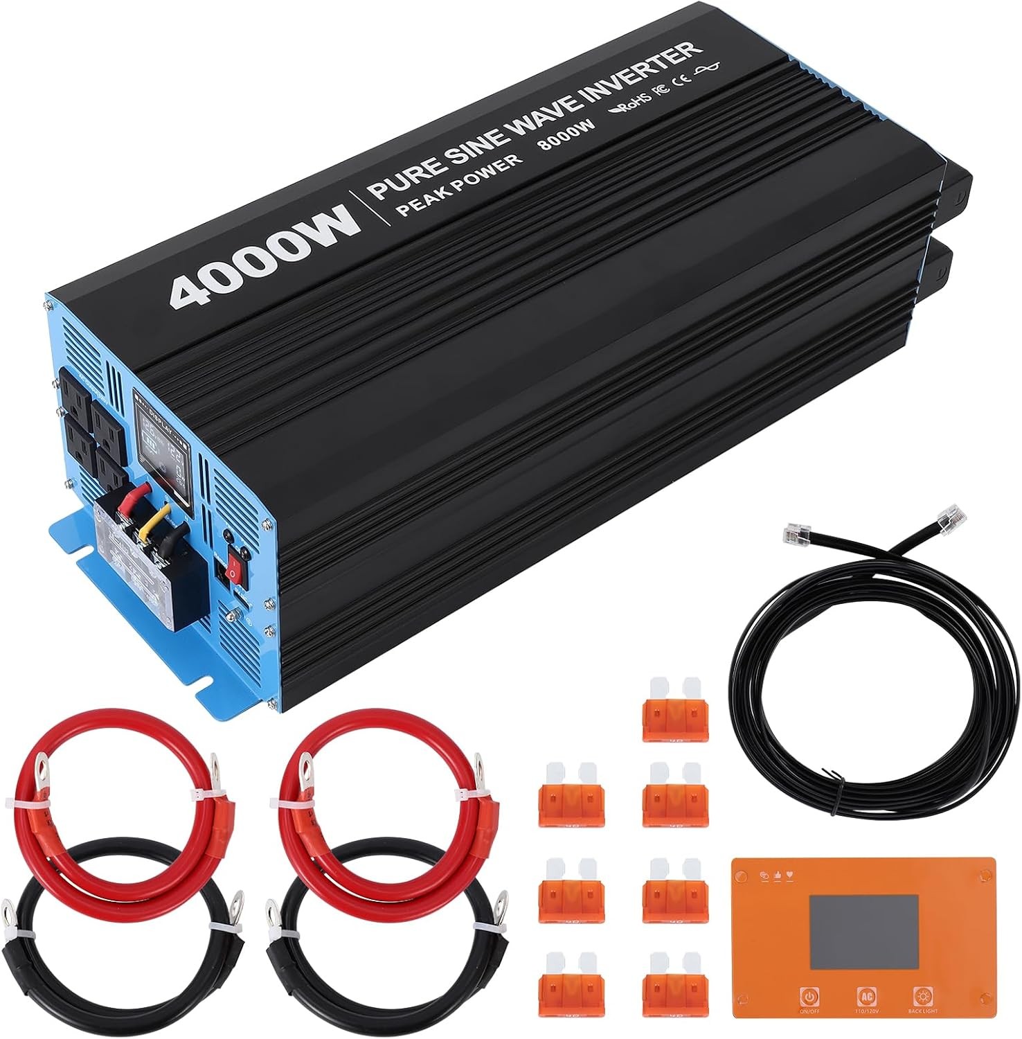 Pure Sine Wave Power Inverter 4000W DC 12V to 120V AC With LCD & Remote 5V/3.4A