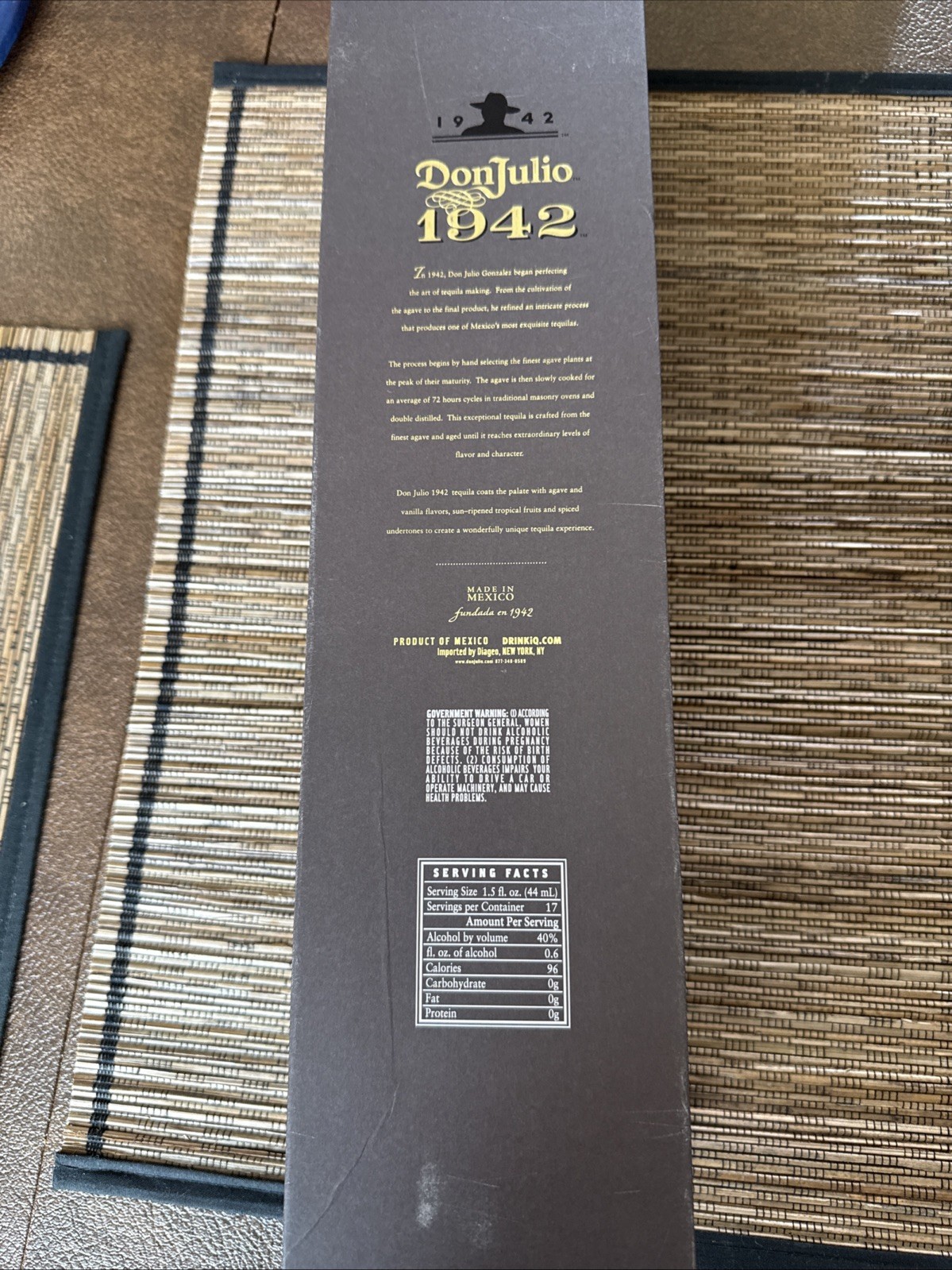 EMPTY DON JULIO 1942 BOTTLE, BOX & CORK INCLUDED 750ML