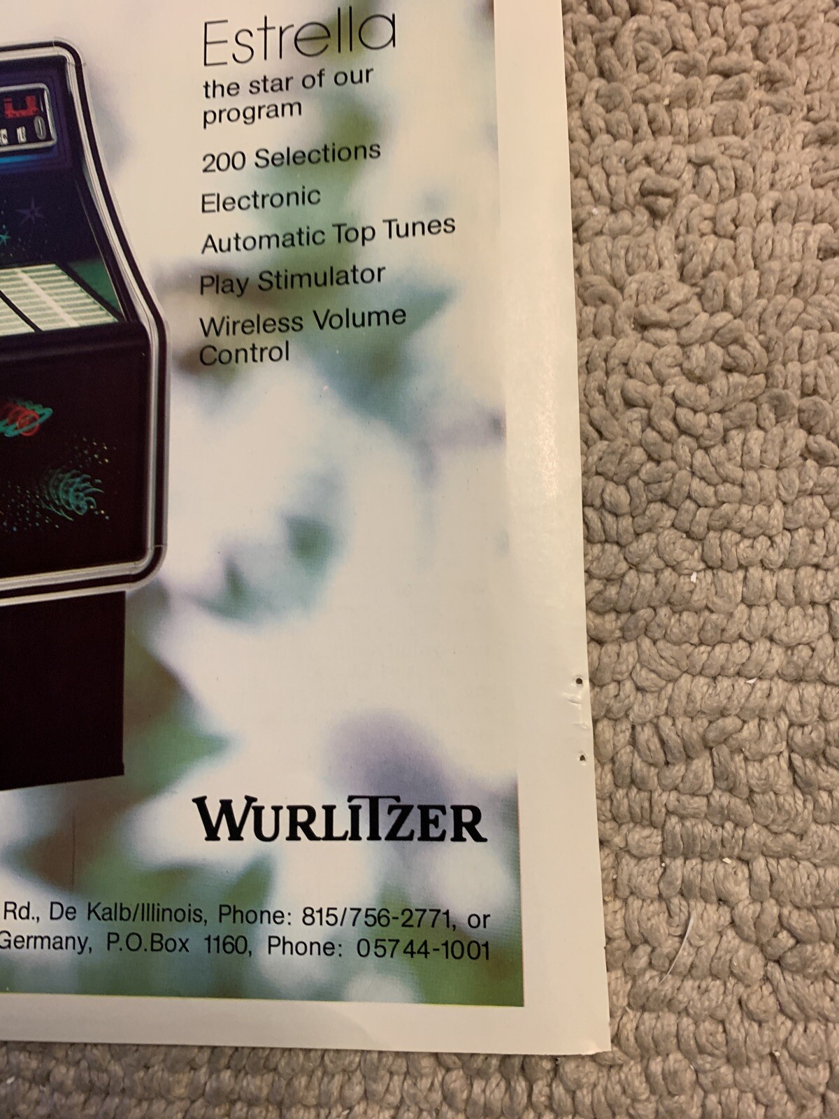 Original 11-8 1/4” WUrlitzer Estrella Jukebox FLYER