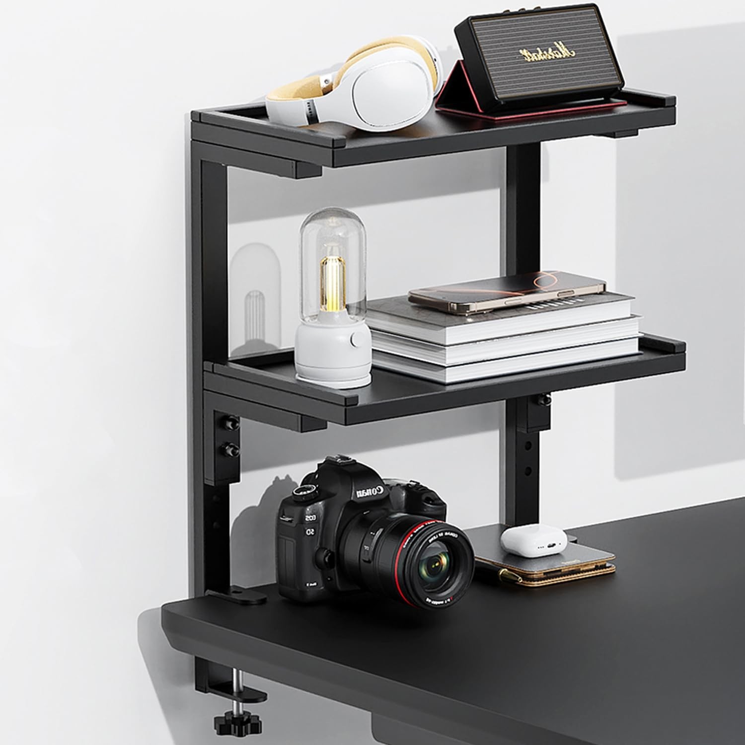 Spacrea clamp on Desk Shelf, 2 Tier Office Desk Shelves Organizer, Wood Deskt...