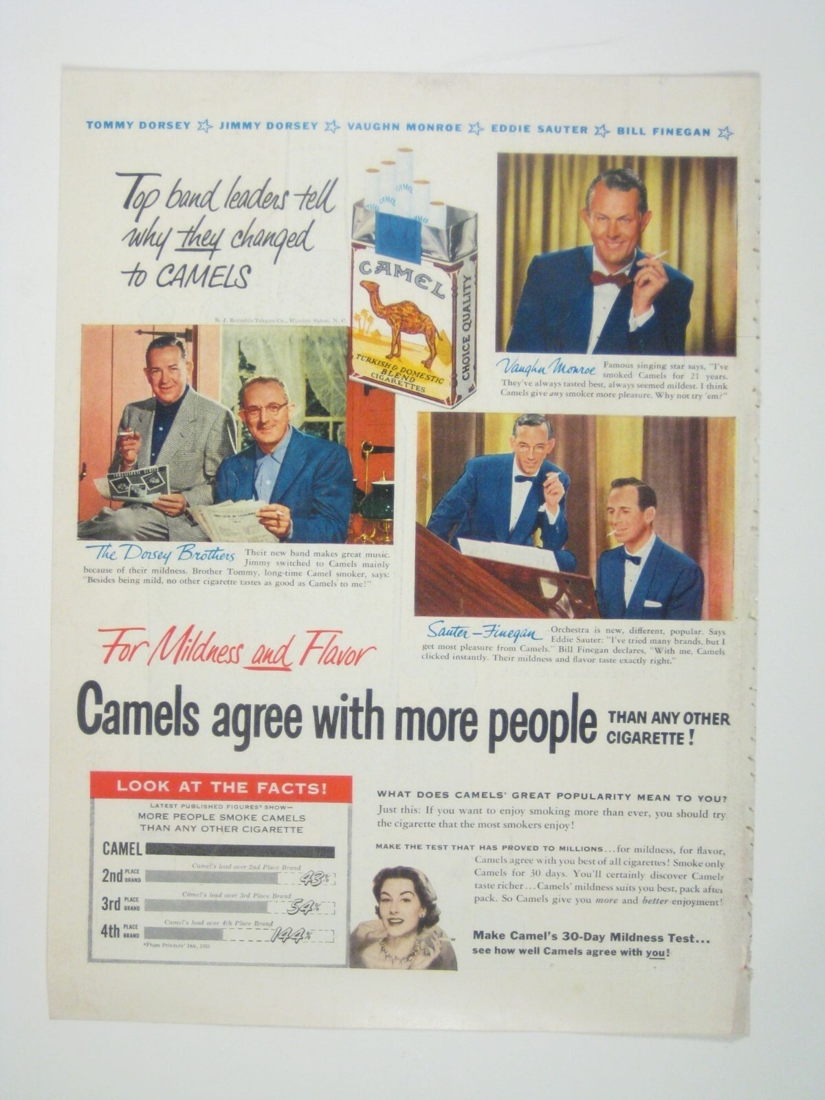 Vintage Camels Cigarette Advertisement Print Dorsey Brothers Vaughn Monroe 1953